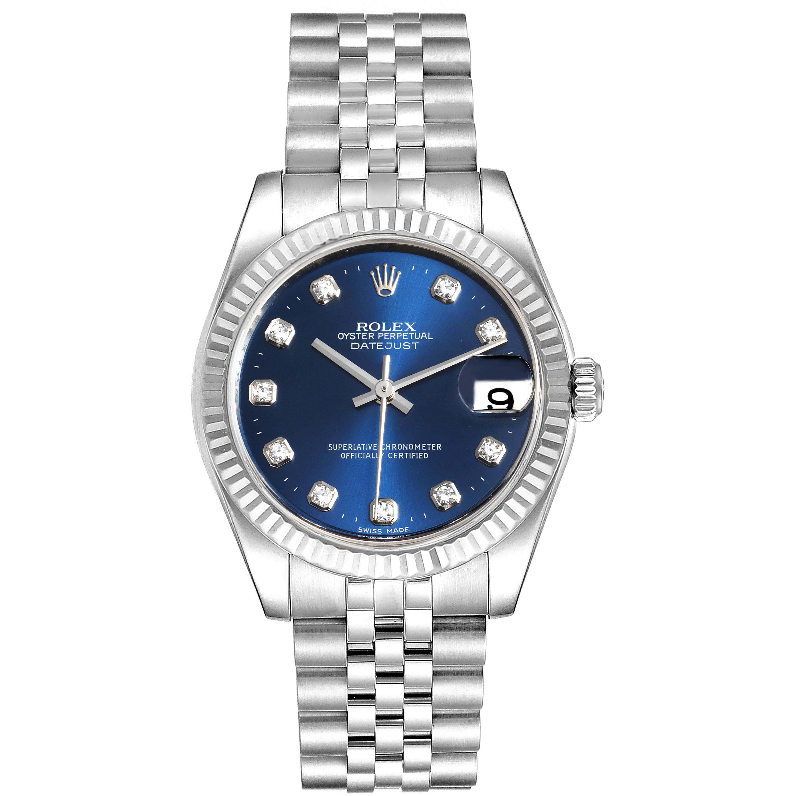 This image shows the Rolex Mid-Size 178274 Women
s Stainless Steel Blue Dial 178274 Women
s Stainless Steel Blue Dial Datejust watch from a top-down angle, highlighting the face and bracelet.