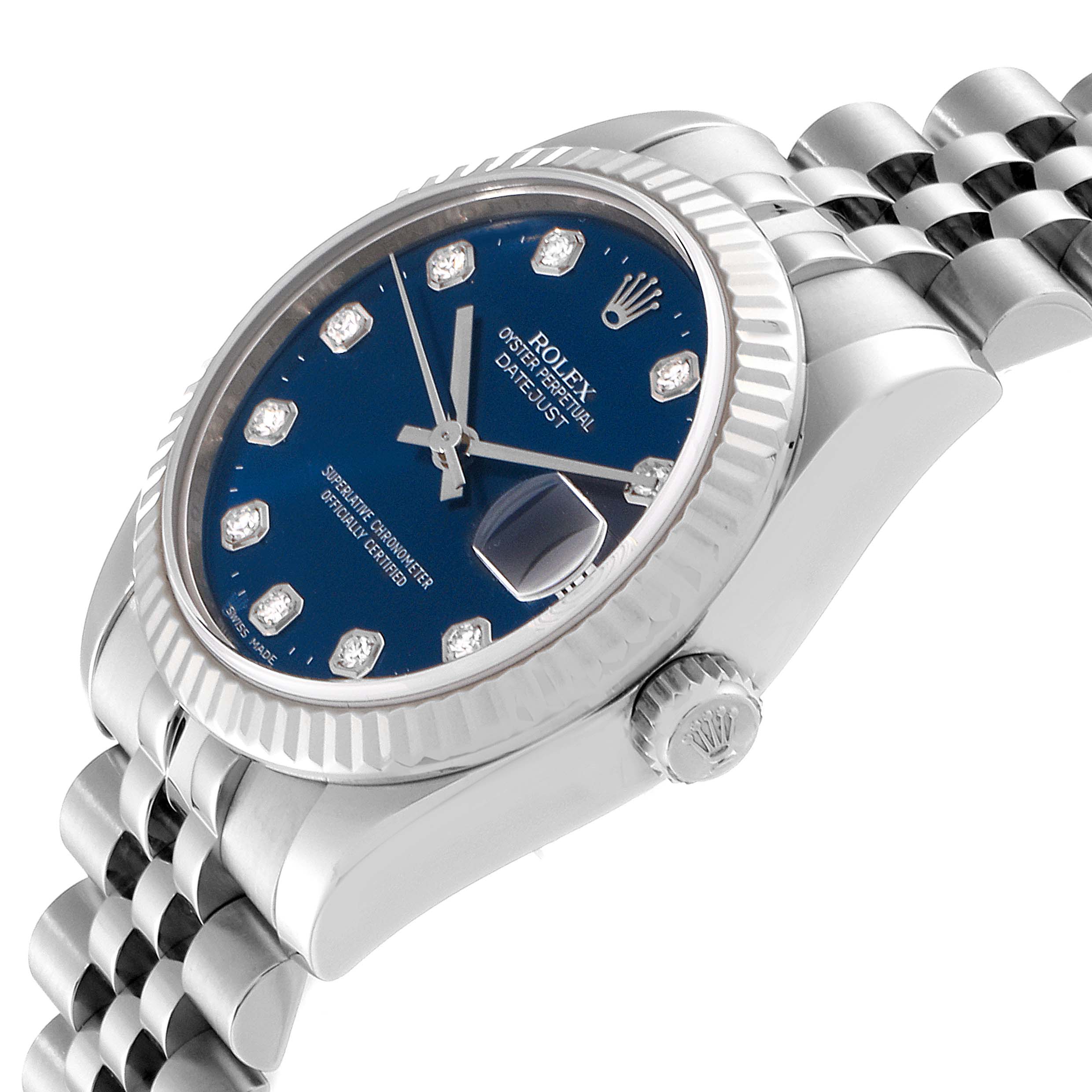 The image shows a Rolex Mid-Size 178274 Women
s Stainless Steel Blue Dial 178274 Women
s Stainless Steel Blue Dial Datejust watch at an angled side view, highlighting the bezel, dial, crown, and part of the bracelet.
