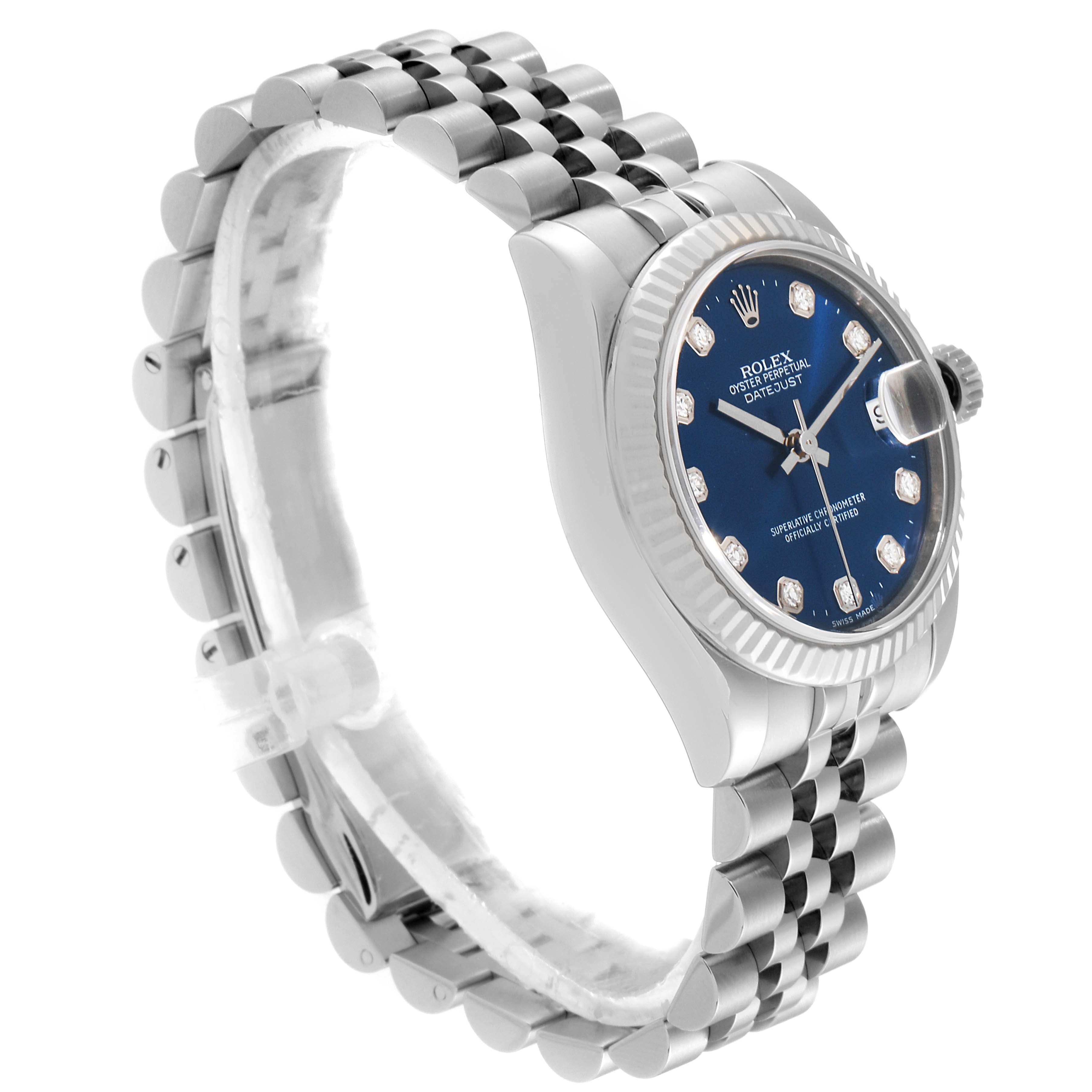 This image shows the Rolex Mid-Size 178274 Women
s Stainless Steel Blue Dial 178274 Women
s Stainless Steel Blue Dial watch at an angle displaying its face, bezel, and bracelet clearly.