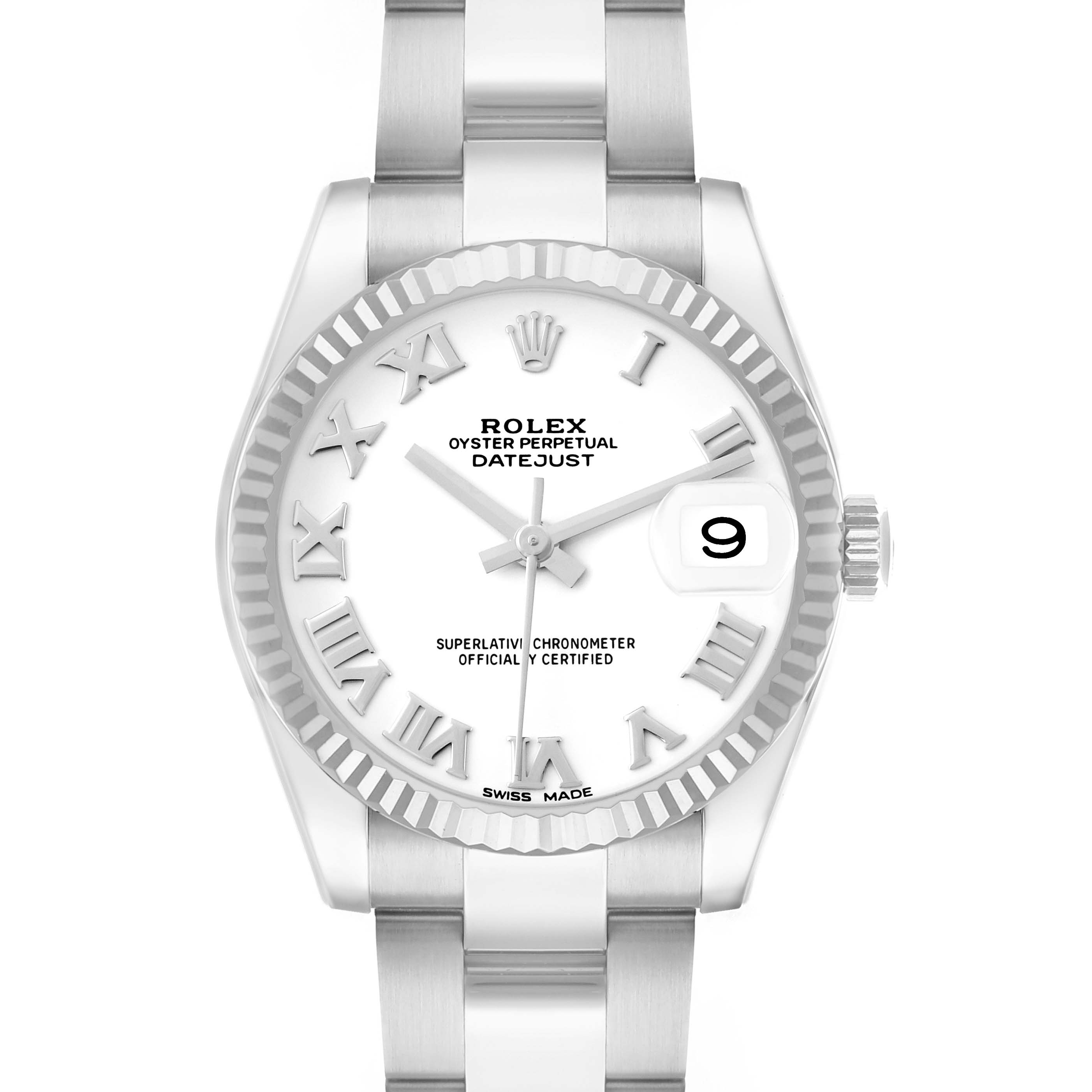 The Rolex Datejust 178274 Women's Stainless Steel White Dial watch is shown from the front, displaying the face, bezel, hands, and part of the bracelet.