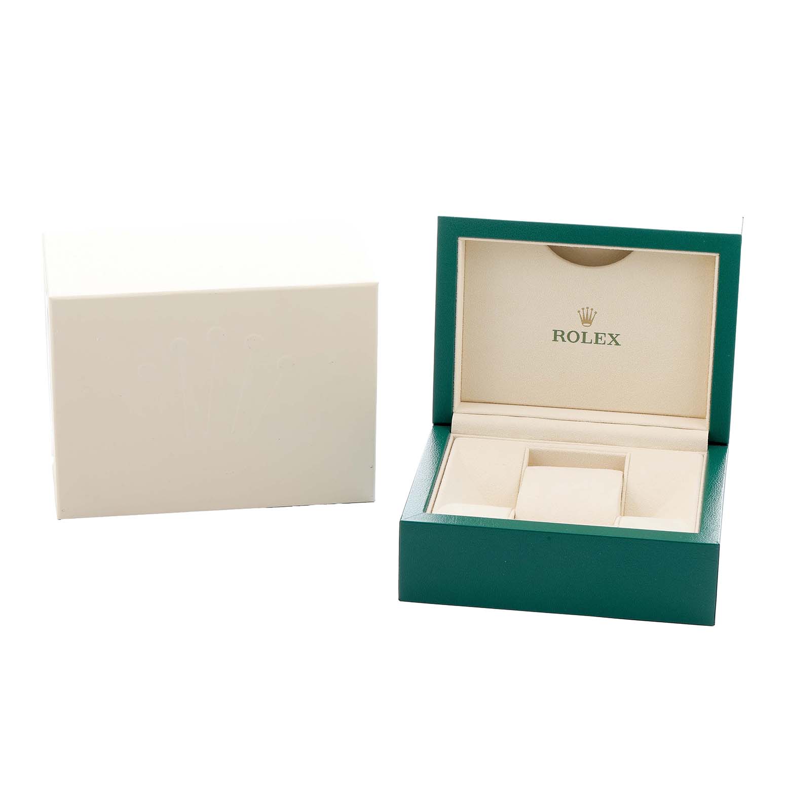 The image shows the open packaging box for the Rolex Datejust 178274 Women's Stainless Steel White Dial, featuring the box lid and inner cushion.