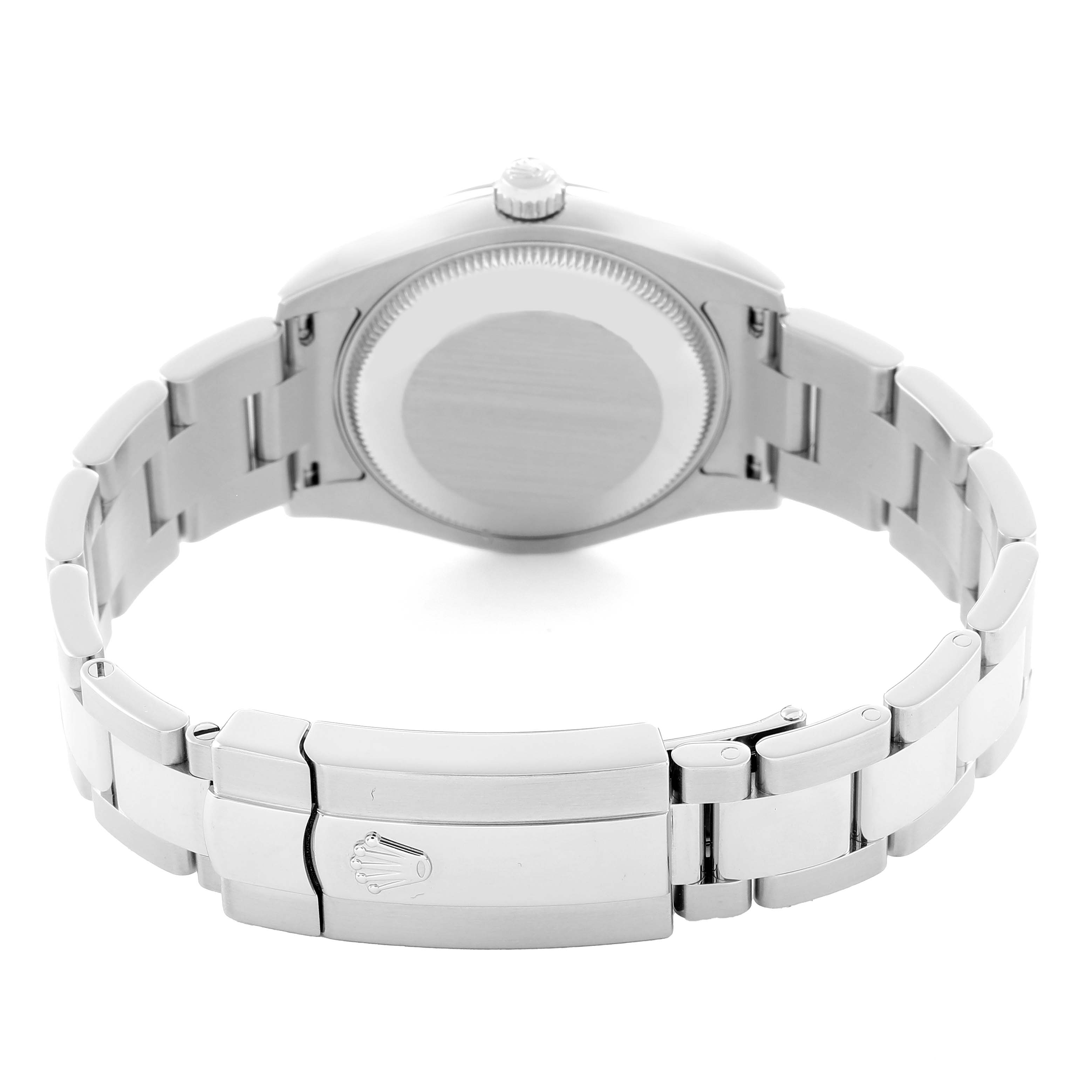The image shows the Rolex Datejust 178274 Women's Stainless Steel White Dial watch from the back, highlighting the clasp and bracelet.
