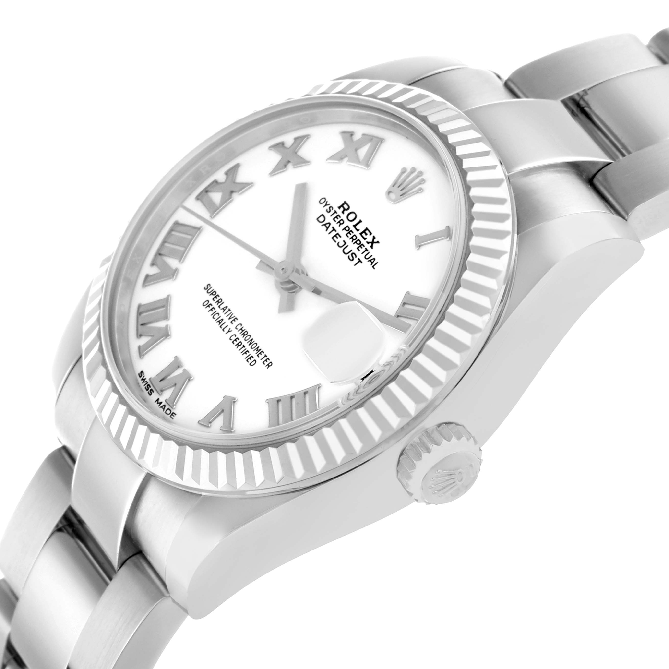 The Rolex Datejust 178274 Women's Stainless Steel White Dial watch is shown at a tilted angle, displaying the face, fluted bezel, and part of the bracelet.