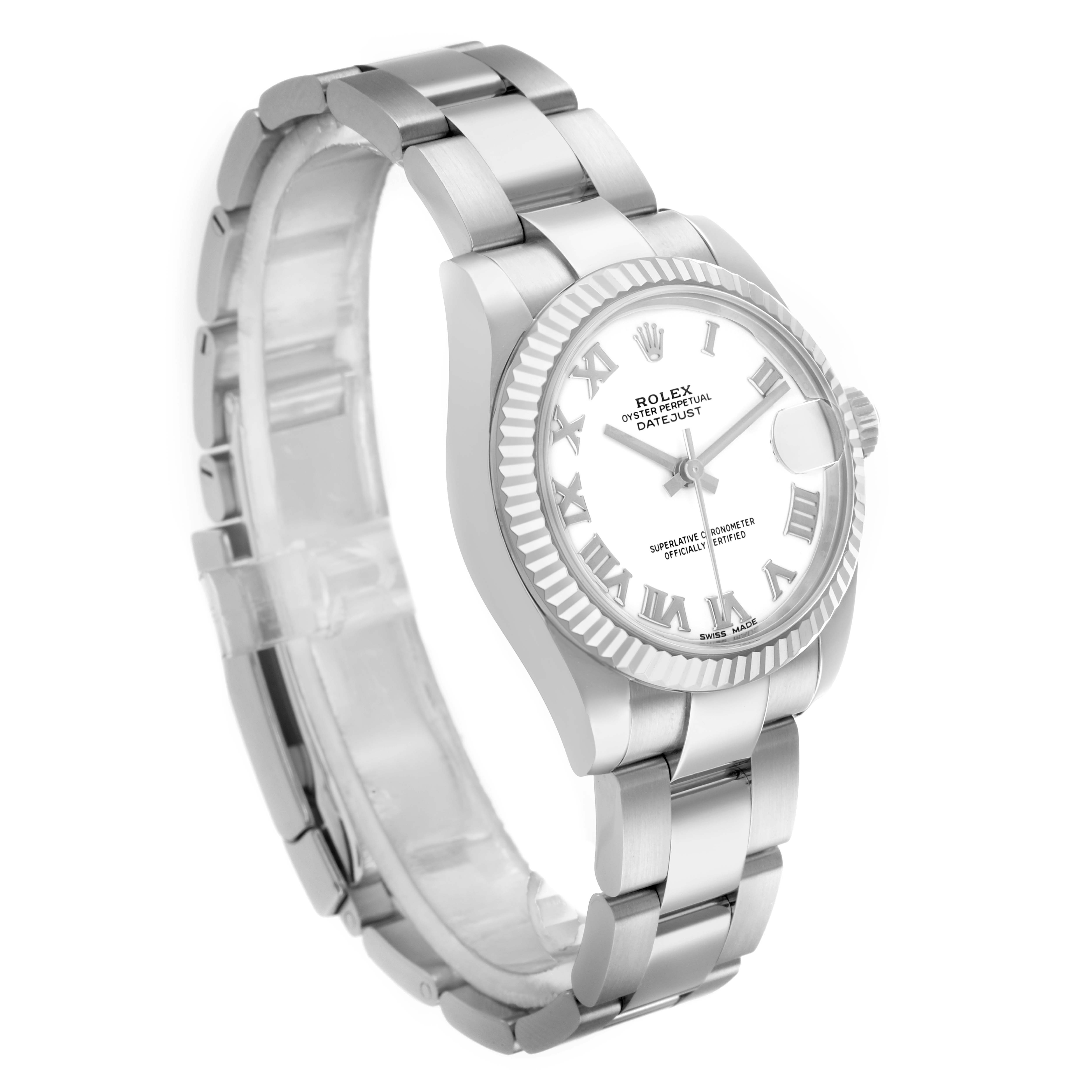 The image shows a Rolex Datejust 178274 Women's Stainless Steel White Dial watch from a side angle, highlighting the bracelet, fluted bezel, and silver dial.