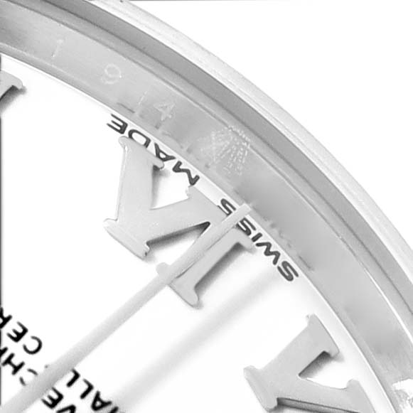 The image shows a close-up of the dial edge, focusing on the Roman numerals and "Swiss Made" text of the Rolex Datejust 178274 Women's Stainless Steel White Dial.