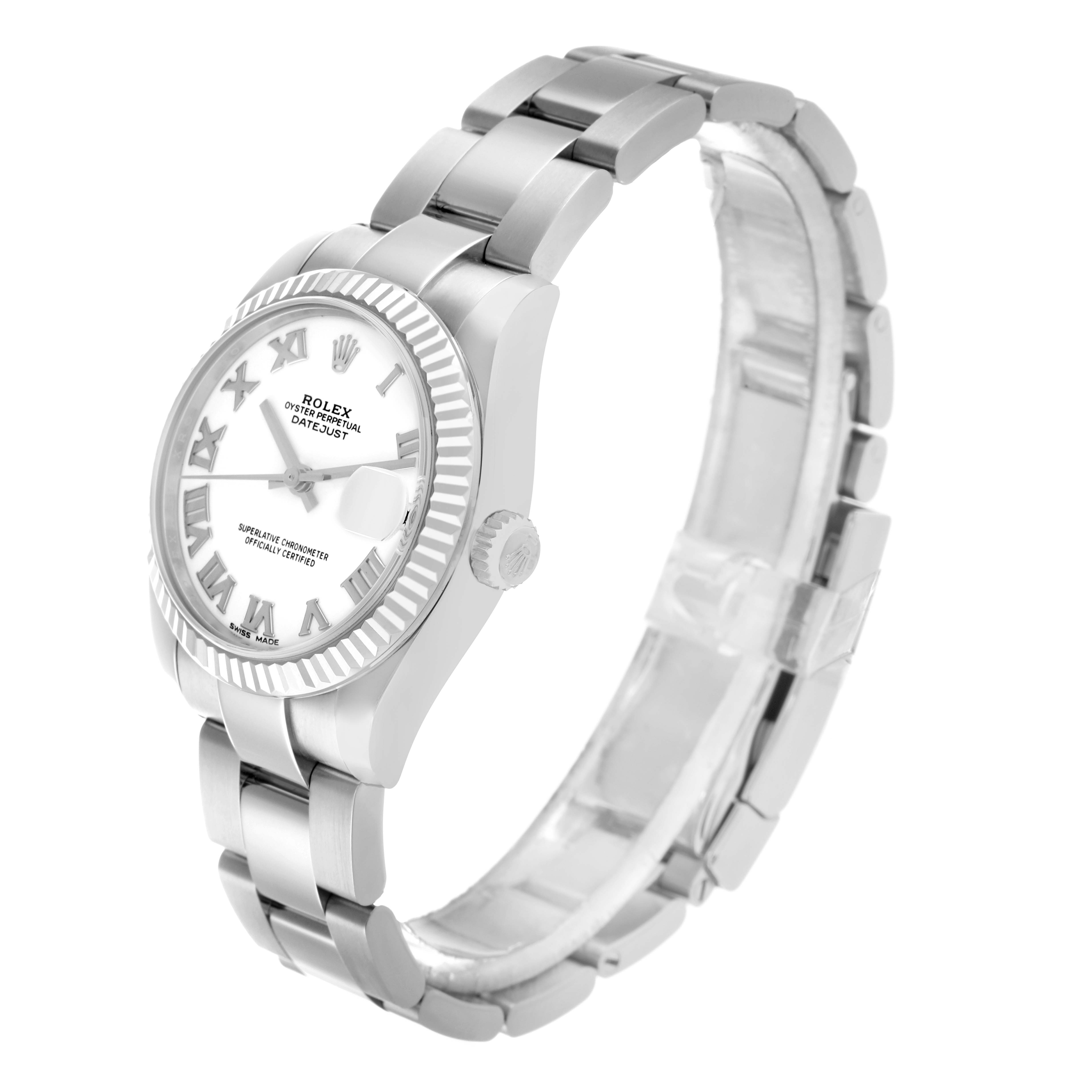 The image shows a Rolex Datejust 178274 Women's Stainless Steel White Dial watch at a three-quarter angle, highlighting the bracelet, bezel, and crown.
