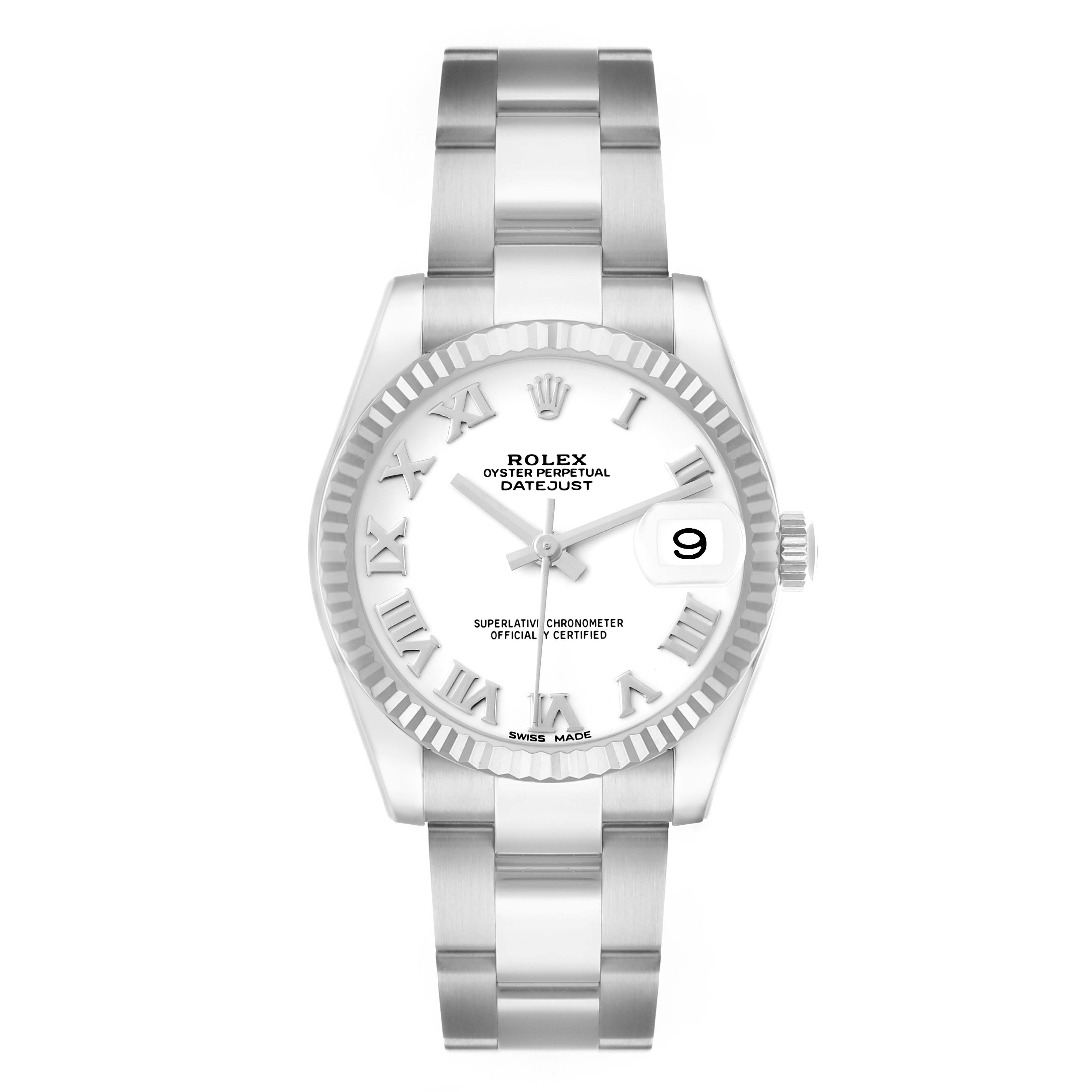 The Rolex Datejust 178274 Women's Stainless Steel White Dial watch is shown from a top-down view, highlighting the face, bezel, bracelet, and crown.