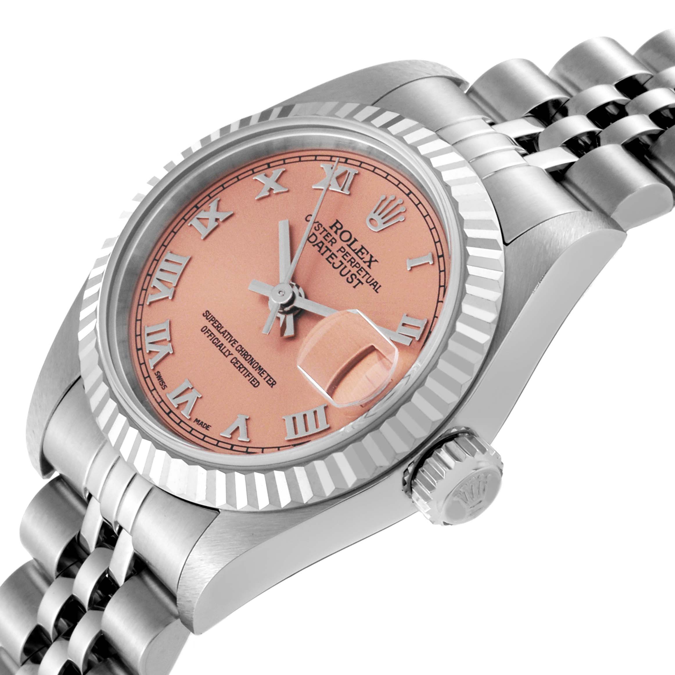 This image shows a close-up angle of a Rolex Datejust 79174 Women's Stainless Steel Pink Dial 79174 Women's Stainless Steel Pink Dial watch, highlighting the dial, crown, and part of the bracelet.