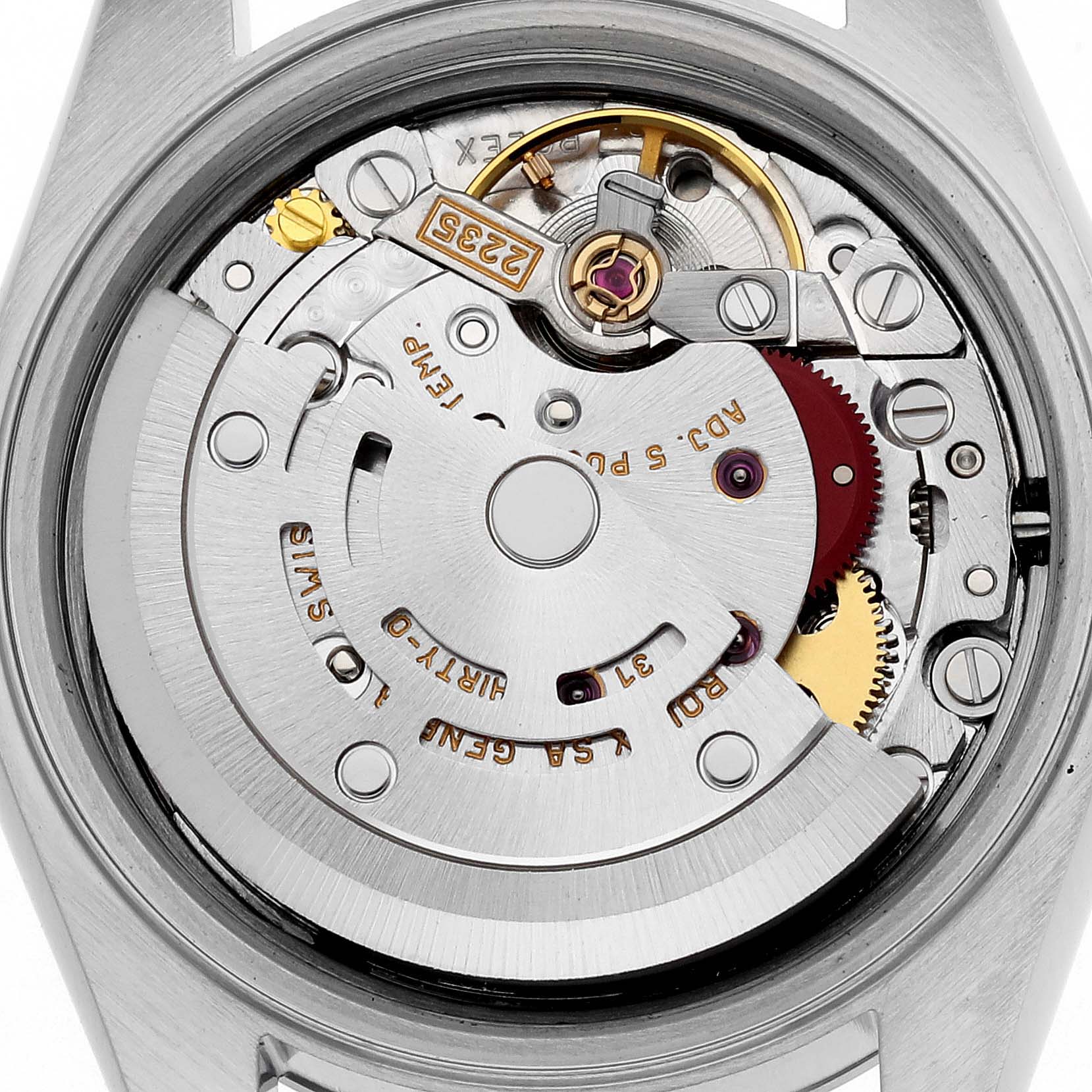 The image shows the internal movement mechanism of a Rolex Datejust 79174 Women's Stainless Steel Pink Dial 79174 Women's Stainless Steel Pink Dial watch, viewed from the back.