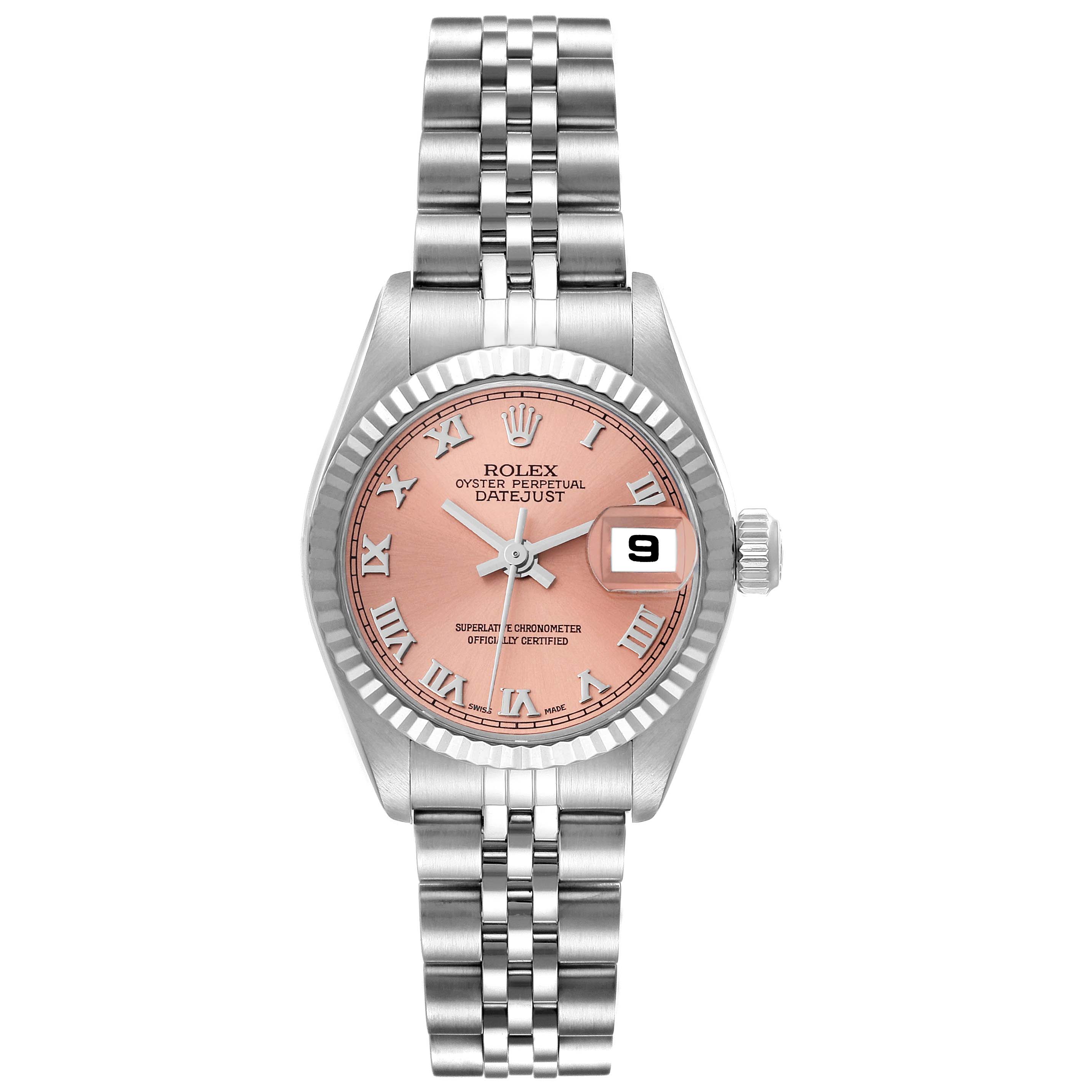 The image shows a frontal view of the Rolex Datejust 79174 Women's Stainless Steel Pink Dial 79174 Women's Stainless Steel Pink Dial watch displaying the dial, bezel, crown, and bracelet.