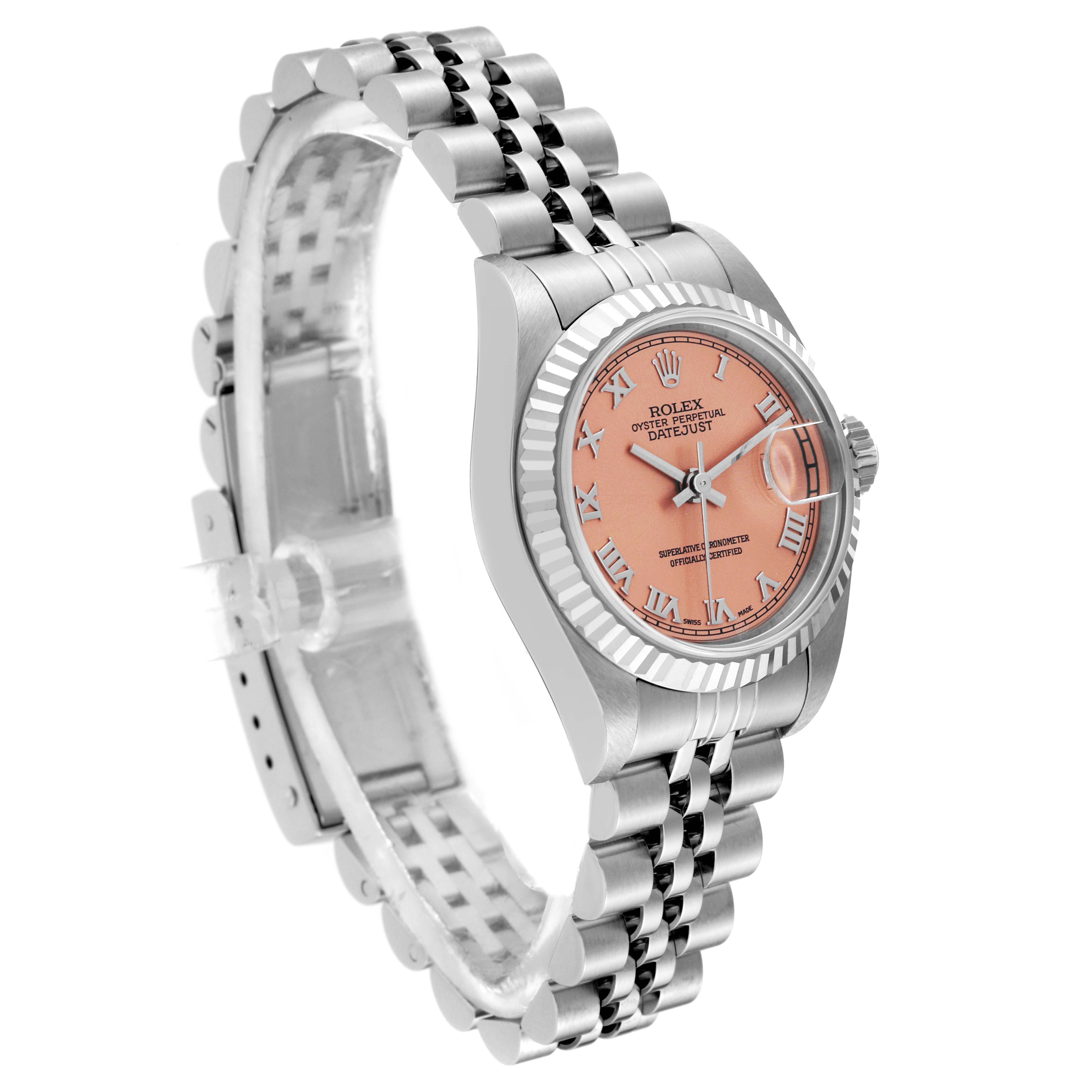 The Rolex Datejust 79174 Women's Stainless Steel Pink Dial 79174 Women's Stainless Steel Pink Dial watch is shown at a slight angle, displaying the face, bezel, crown, and bracelet.
