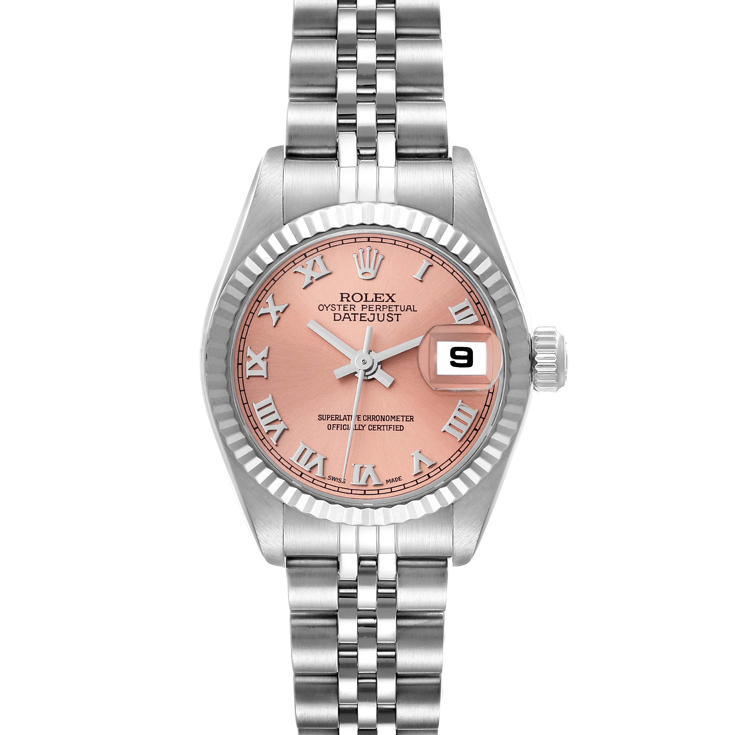 The image shows a front view of a Rolex Datejust 79174 Women's Stainless Steel Pink Dial 79174 Women's Stainless Steel Pink Dial watch, featuring a pink dial and stainless steel Jubilee bracelet.