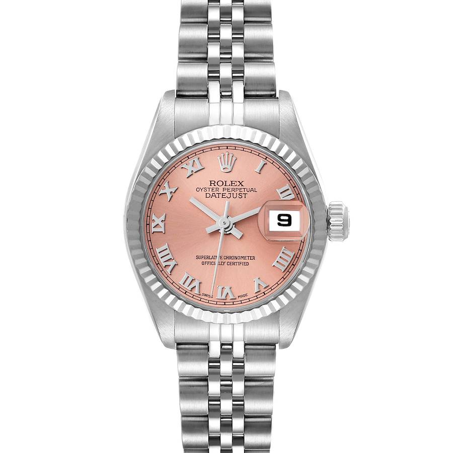The image shows a front view of a Rolex Datejust watch, featuring a pink dial and stainless steel Jubilee bracelet.
