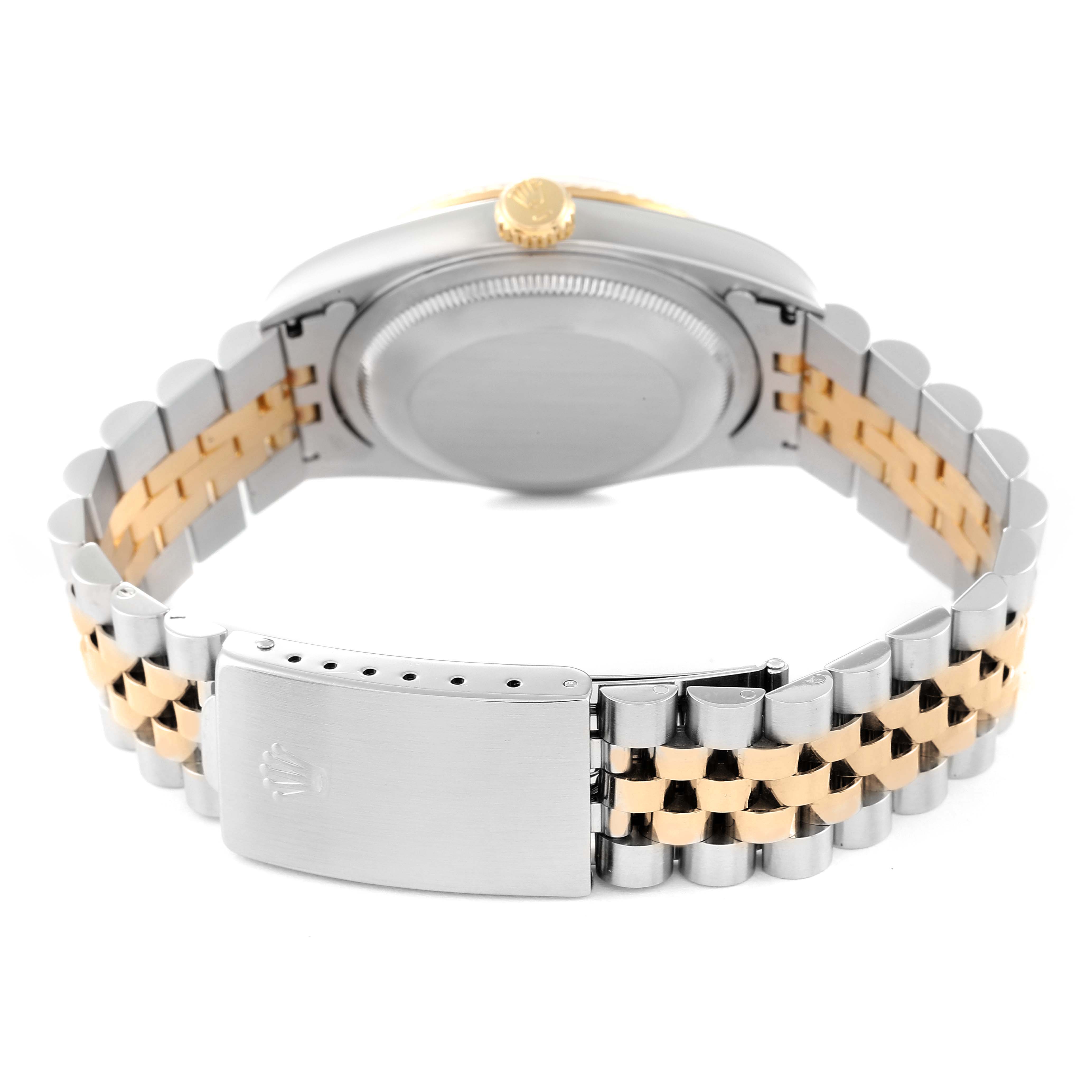 This is a rear view of the Rolex Datejust 16233 Men's Steel and Gold (two tone) Blue Dial 16233 Men's Steel and Gold (two tone) Blue Dial model, showing the bracelet, clasp, and case back.