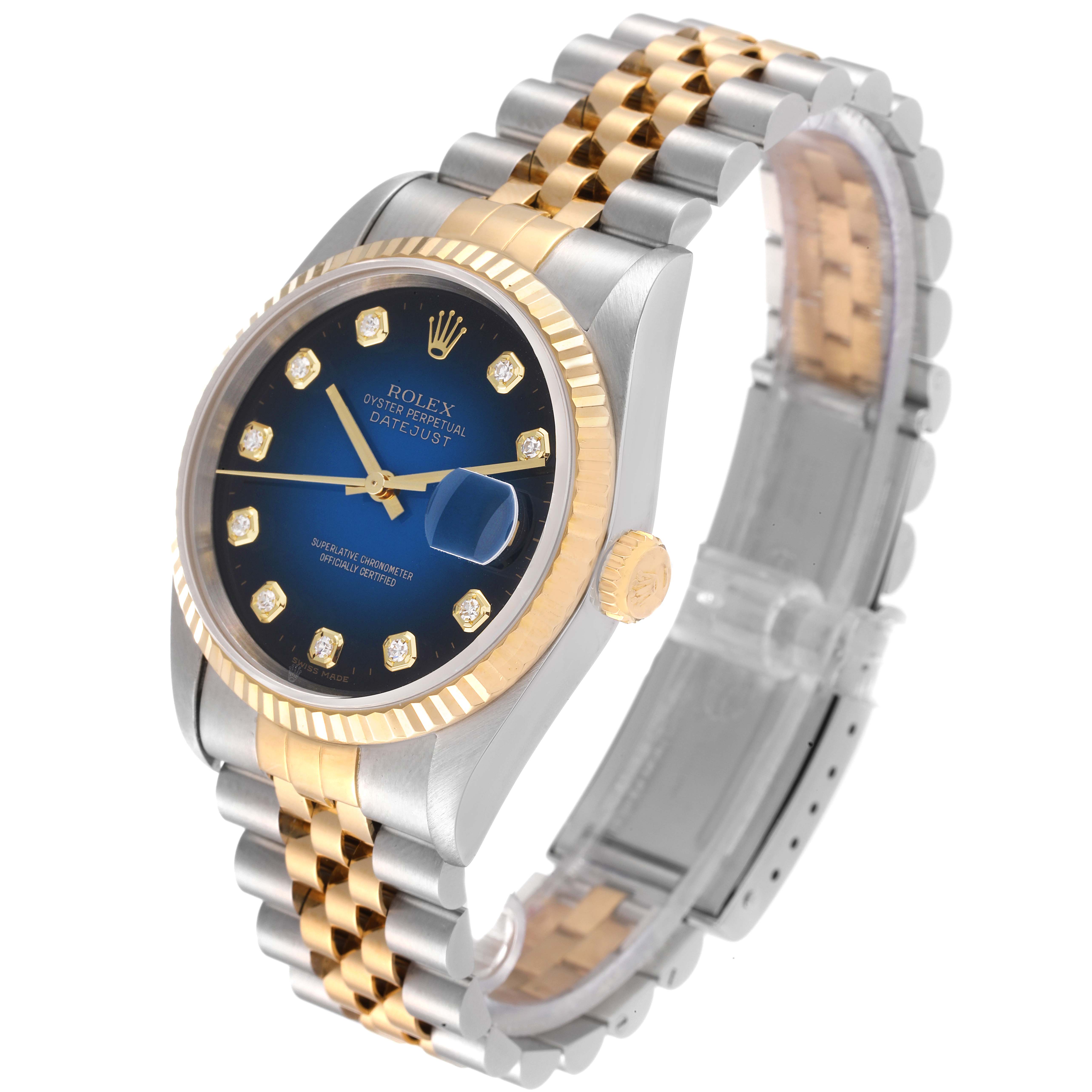 The Rolex Datejust 16233 Men's Steel and Gold (two tone) Blue Dial 16233 Men's Steel and Gold (two tone) Blue Dial watch is shown at a slight angle, highlighting its face, bezel, and two-tone bracelet.