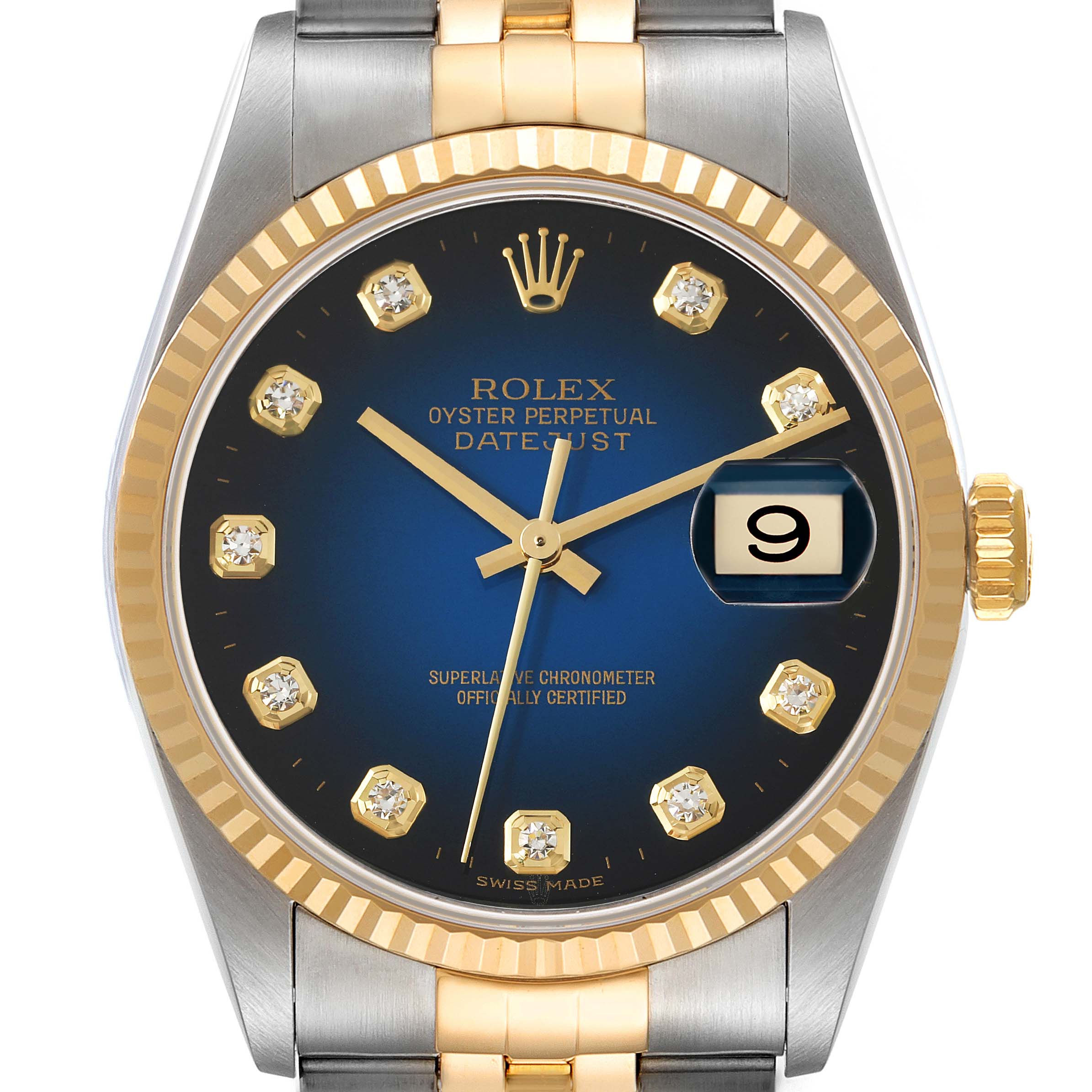 This image shows a close-up of the Rolex Datejust 16233 Men's Steel and Gold (two tone) Blue Dial 16233 Men's Steel and Gold (two tone) Blue Dial watch, featuring the dial, hands, bezel, crown, and part of the bracelet.