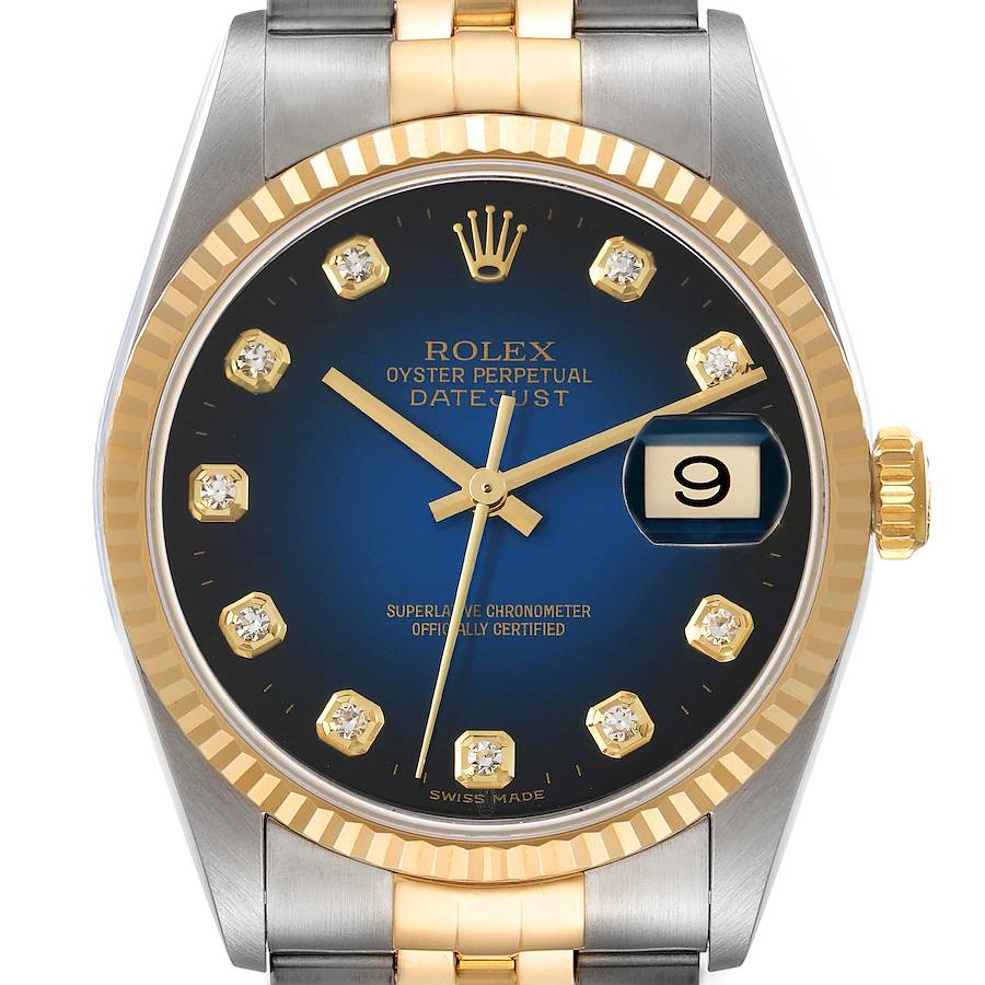 Rolex Datejust Blue Vignette Dial Steel Yellow Gold Mens Watch 16233 plus 3 links SwissWatchExpo