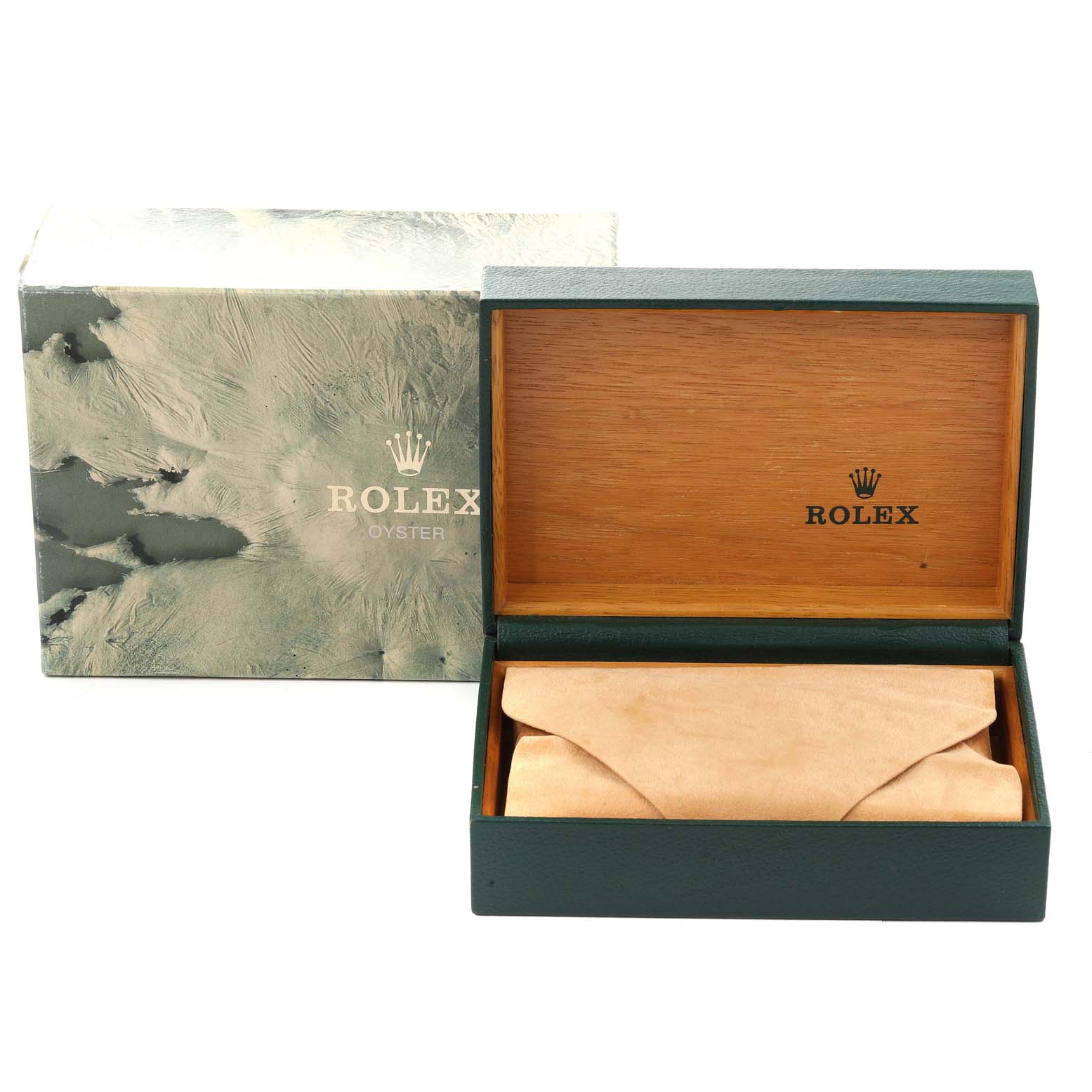 The image shows an open Rolex Datejust 16233 Men's Steel and Gold (two tone) Blue Dial 16233 Men's Steel and Gold (two tone) Blue Dial watch box and its protective outer box focused from the front.