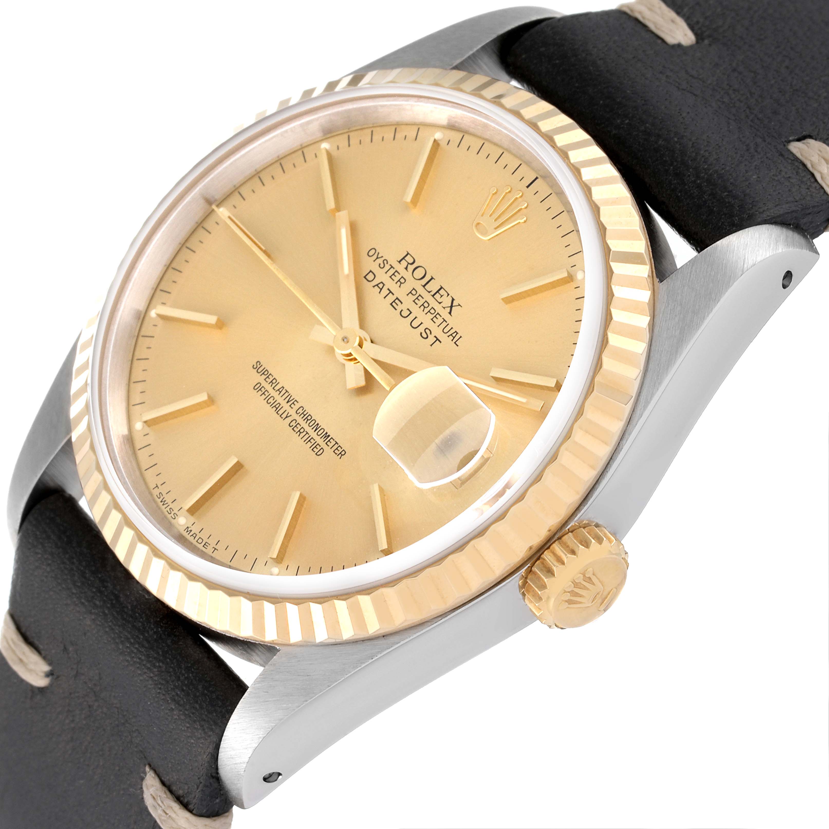 The image shows a Rolex Datejust 16233 Men's Steel and Gold (two tone) Champagne Dial 16233 Men's Steel and Gold (two tone) Champagne Dial watch from a side angle, featuring the face, crown, bezel, and part of the strap.