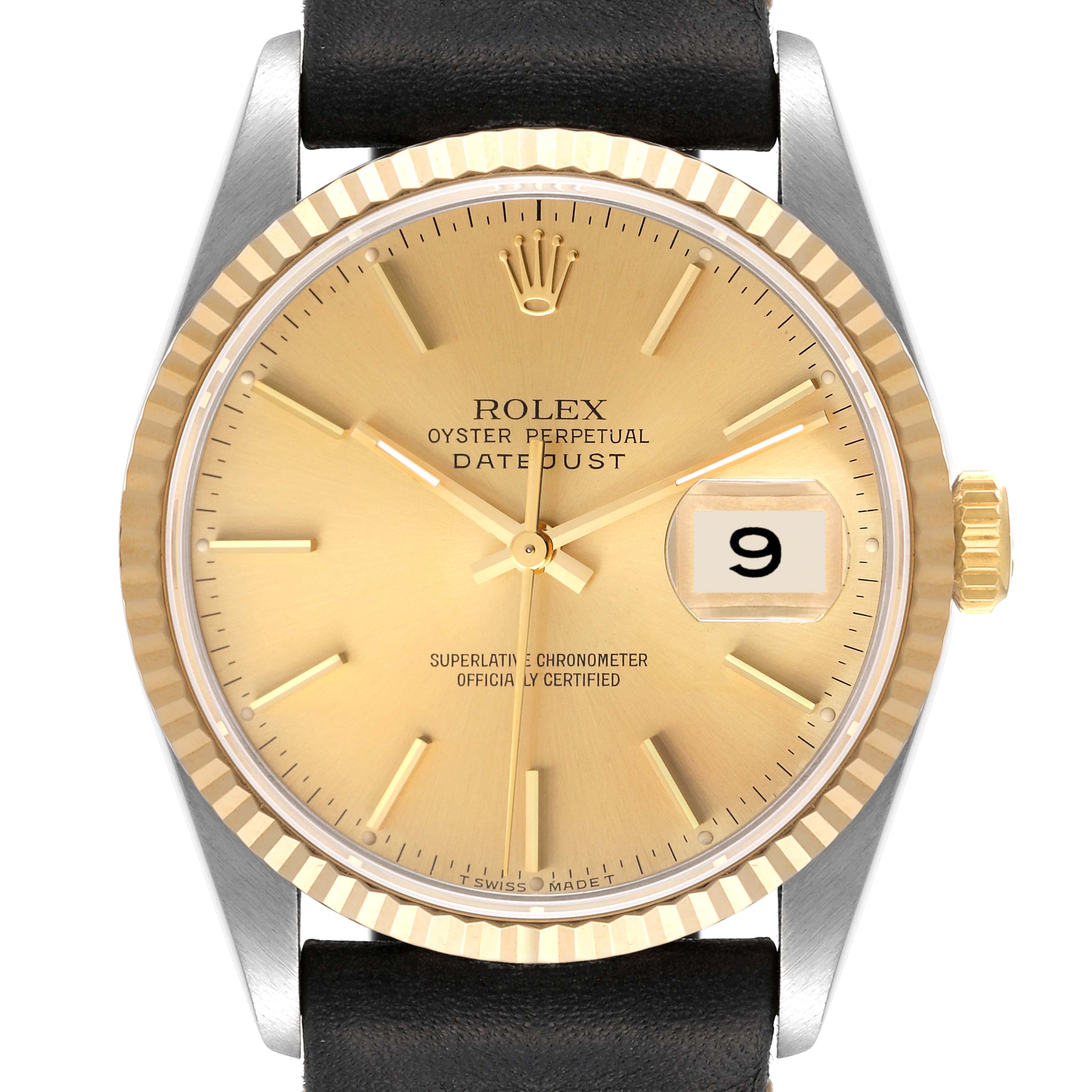 This image shows a front view of a Rolex Datejust 16233 Men's Steel and Gold (two tone) Champagne Dial 16233 Men's Steel and Gold (two tone) Champagne Dial watch, highlighting its gold face, fluted bezel, and date window.