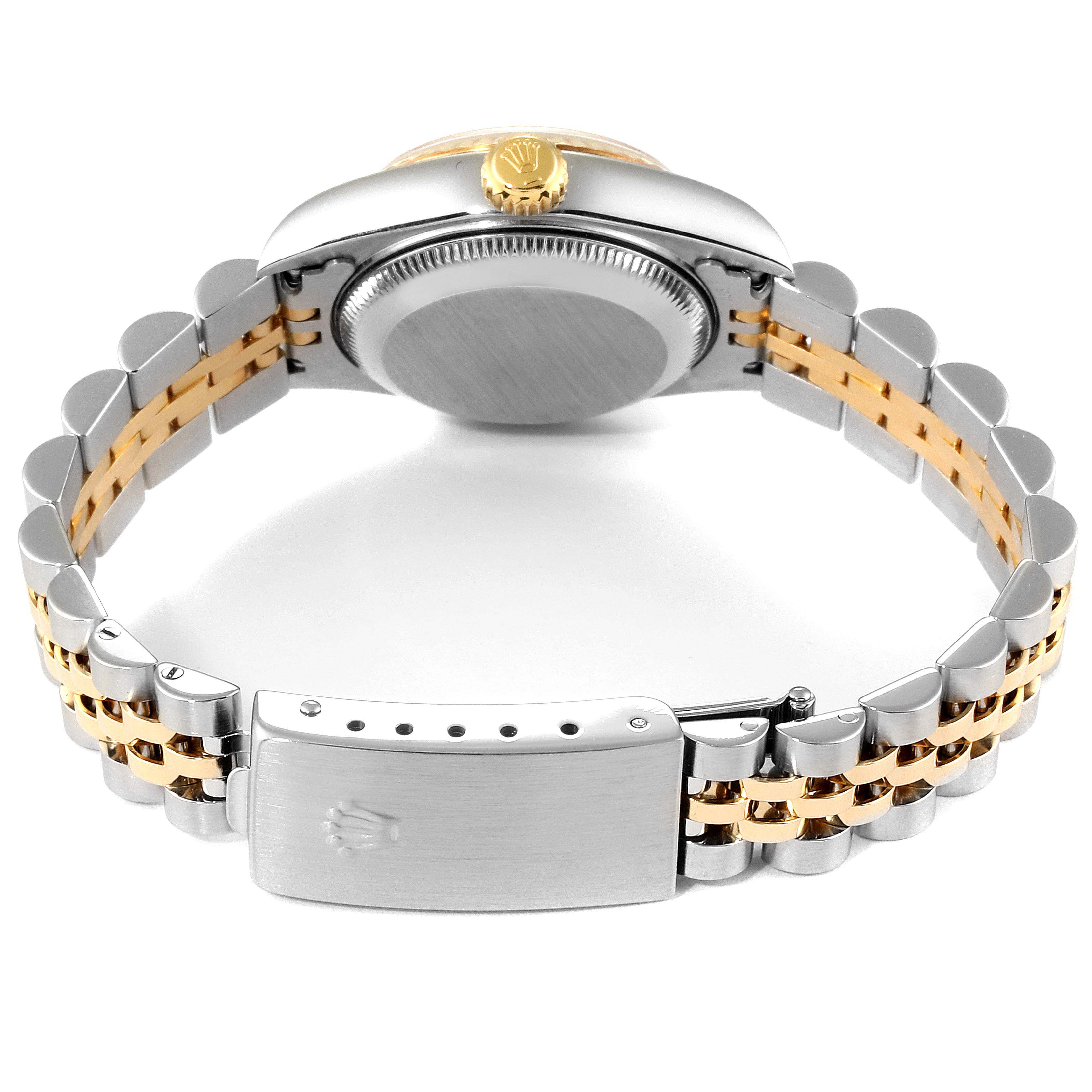 This image shows the back and side of a Rolex Datejust 79173 Women's Steel and Gold (two tone) Blue Dial 79173 Women's Steel and Gold (two tone) Blue Dial watch, including the bracelet, clasp, and crown.