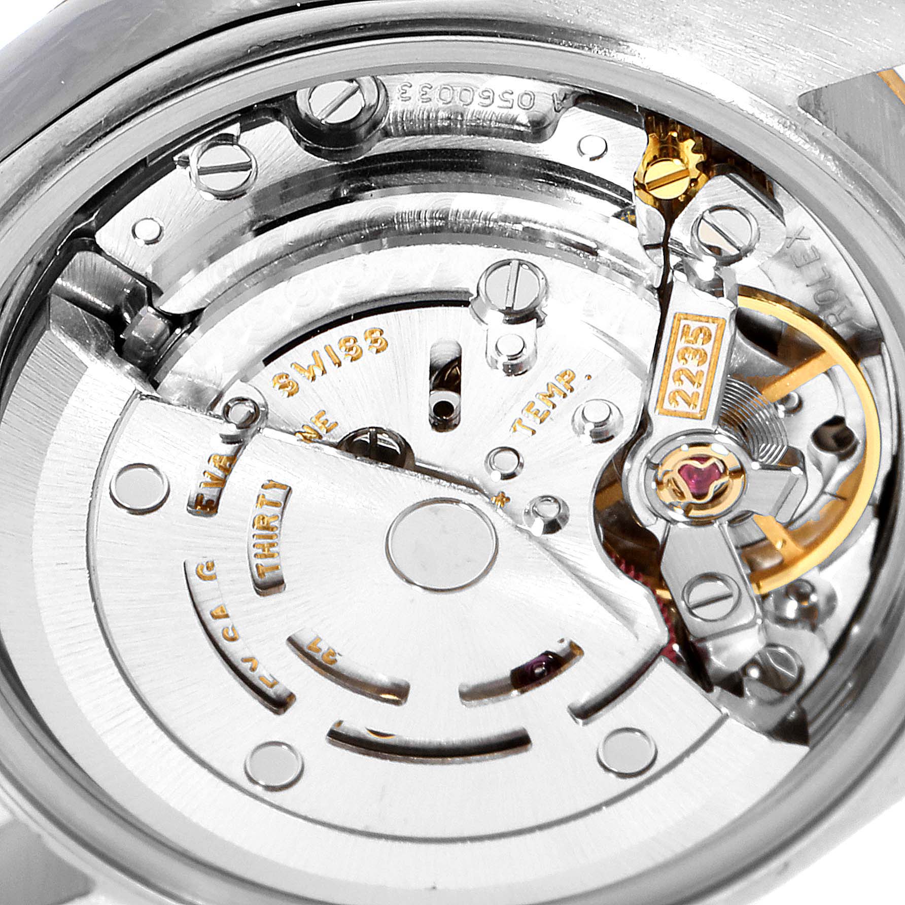 The image shows the detailed inner workings and mechanical movement of a Rolex Datejust 79173 Women's Steel and Gold (two tone) Blue Dial 79173 Women's Steel and Gold (two tone) Blue Dial watch, viewed from the back.