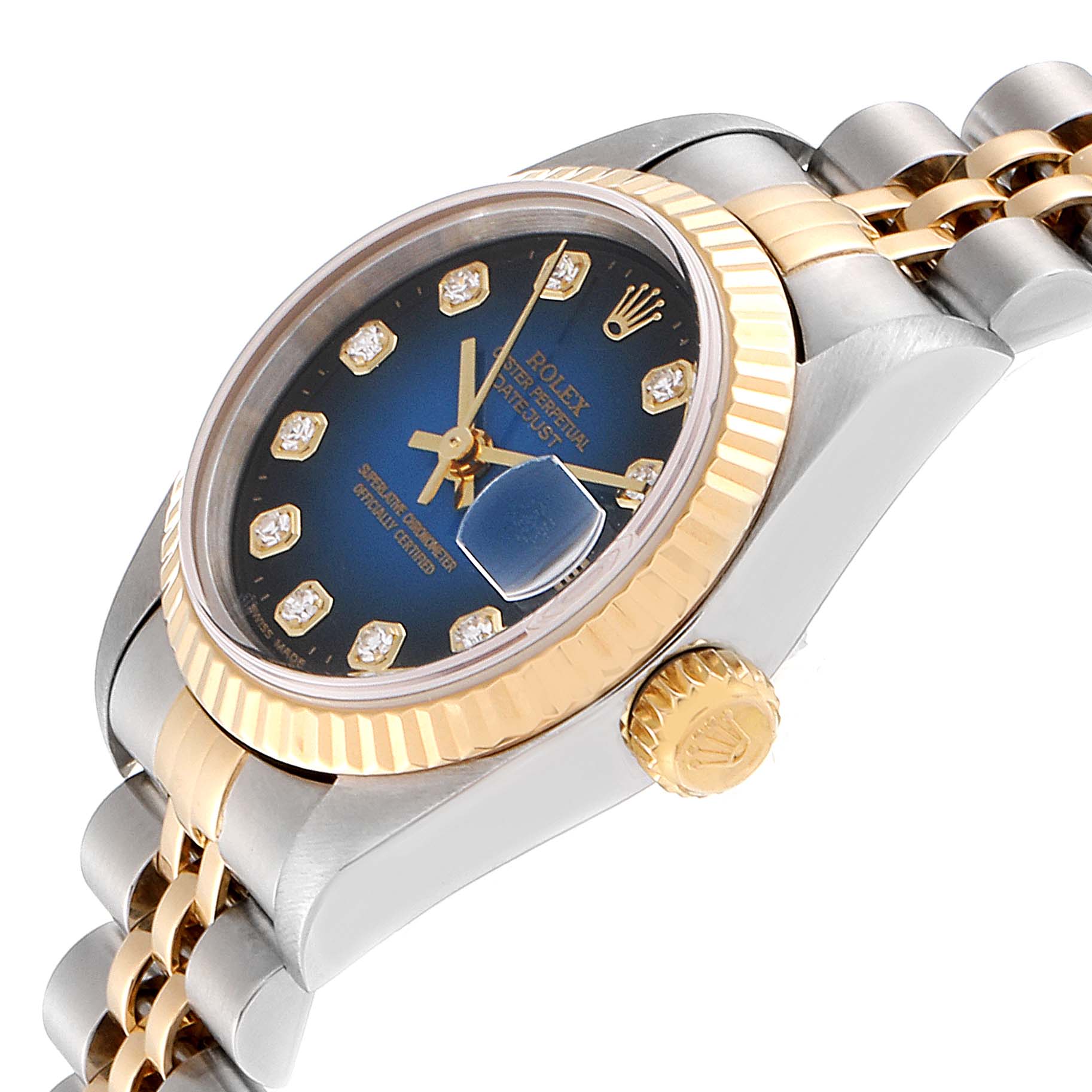 This image shows a side angle of a Rolex Datejust 79173 Women's Steel and Gold (two tone) Blue Dial 79173 Women's Steel and Gold (two tone) Blue Dial watch, featuring the case, dial, bezel, crown, and part of the bracelet.