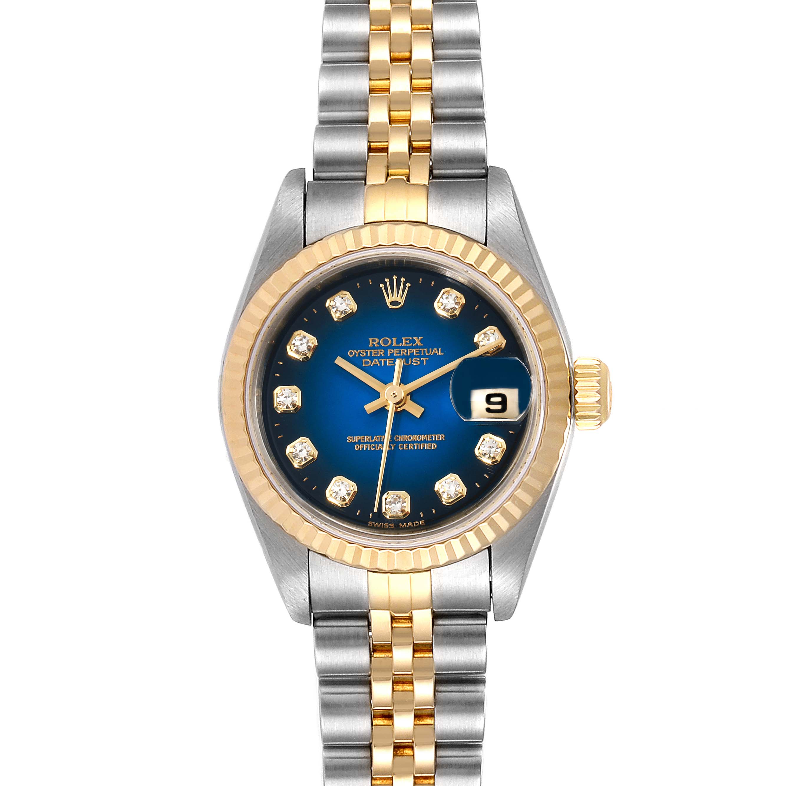 This is a front view of a Rolex Datejust 79173 Women's Steel and Gold (two tone) Blue Dial 79173 Women's Steel and Gold (two tone) Blue Dial watch, showing the face, bezel, crown, and two-tone bracelet.