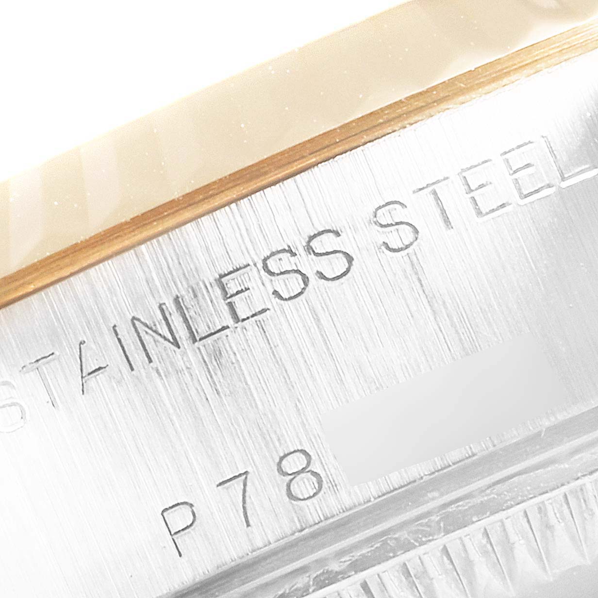 The image shows a close-up of the watch's case side with "STAINLESS STEEL" engraving on a Rolex Datejust 79173 Women's Steel and Gold (two tone) Blue Dial 79173 Women's Steel and Gold (two tone) Blue Dial.