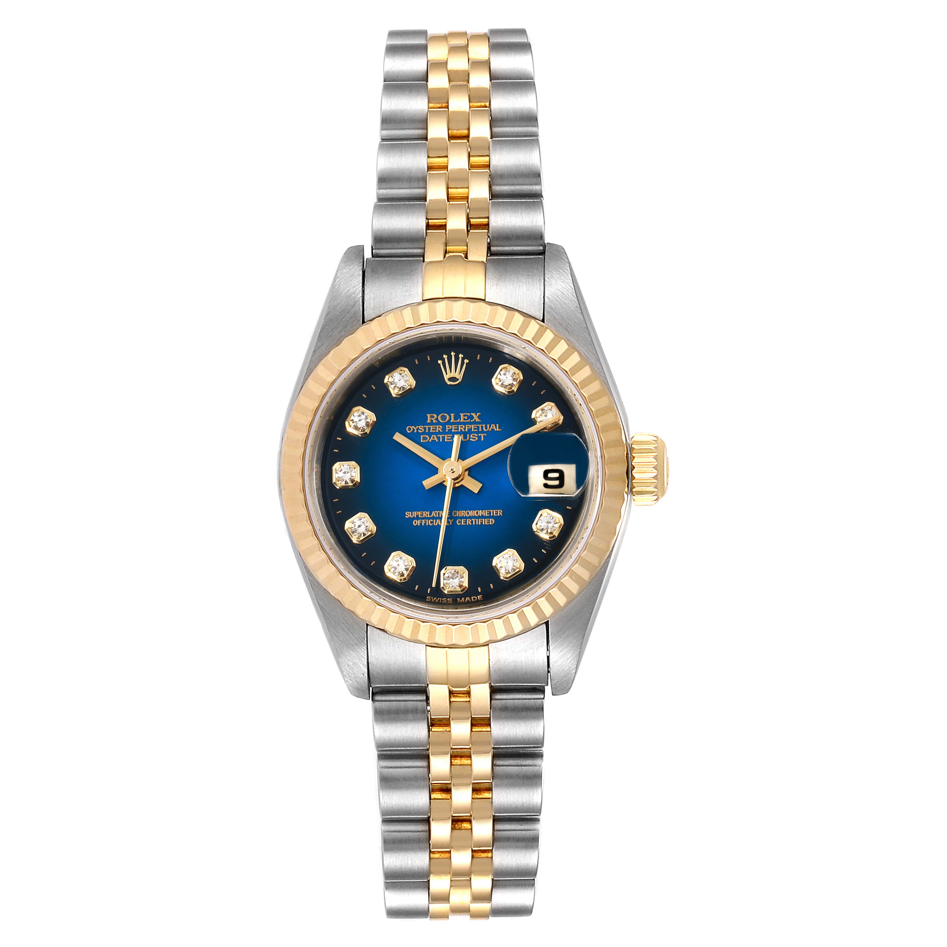 The Rolex Datejust 79173 Women's Steel and Gold (two tone) Blue Dial 79173 Women's Steel and Gold (two tone) Blue Dial watch is shown from a top-down angle, displaying the face, bezel, and bracelet.