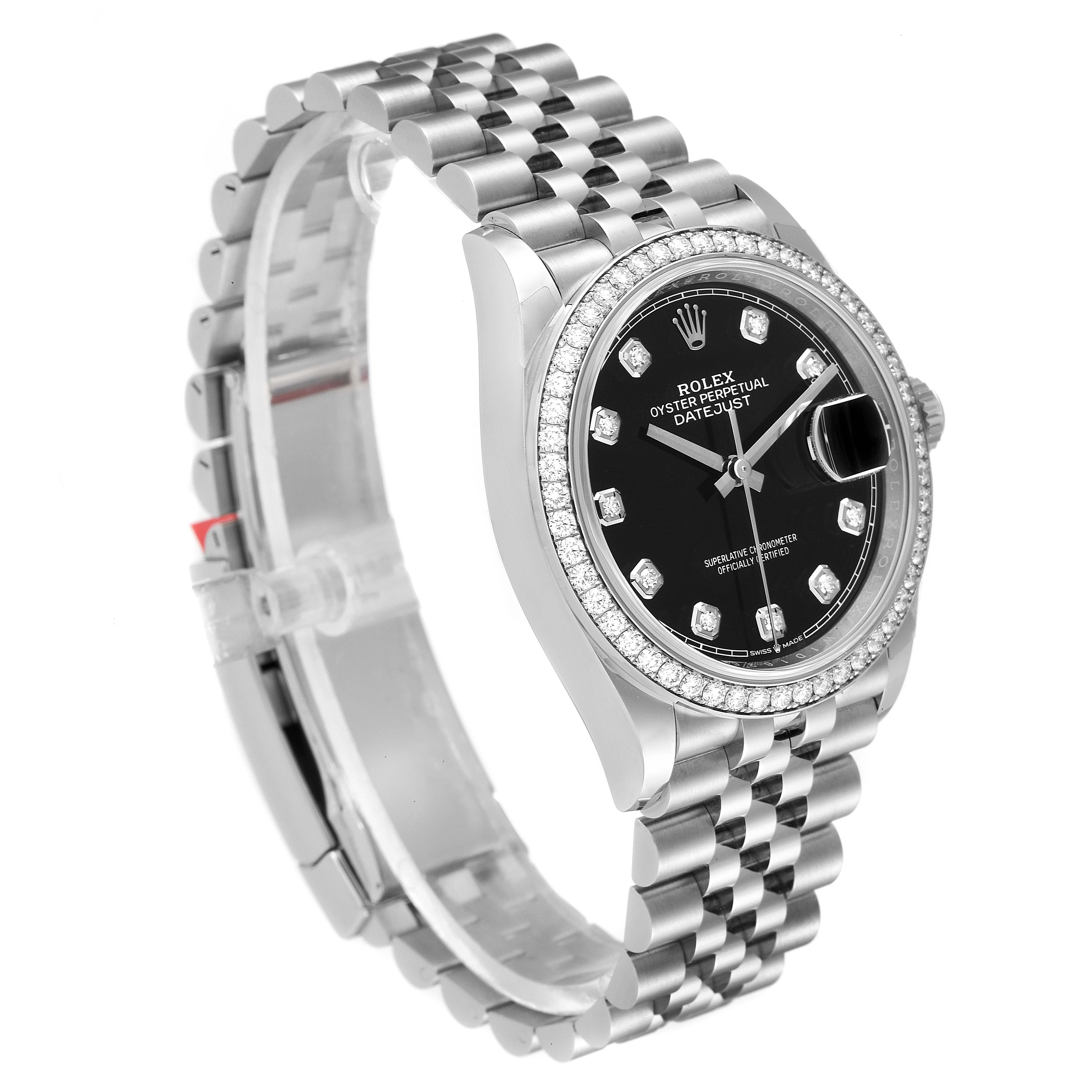 The image shows a Rolex Datejust 126284RBR Men
s Stainless Steel Black Dial 126284RBR Men
s Stainless Steel Black Dial watch at an oblique angle, displaying the dial, bezel, and Jubilee bracelet.