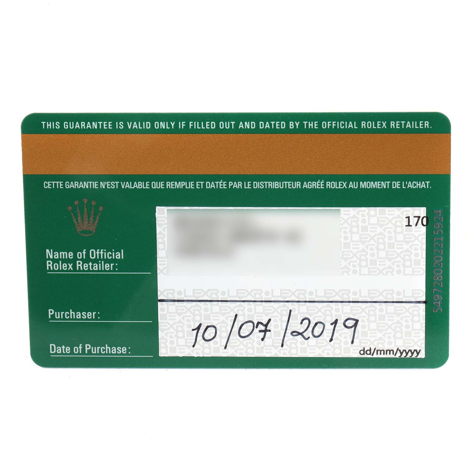 The image shows a guarantee card for a Rolex Datejust 126284RBR Men
s Stainless Steel Black Dial 126284RBR Men
s Stainless Steel Black Dial model, including details like retailer name, purchase date, and purchaser information.