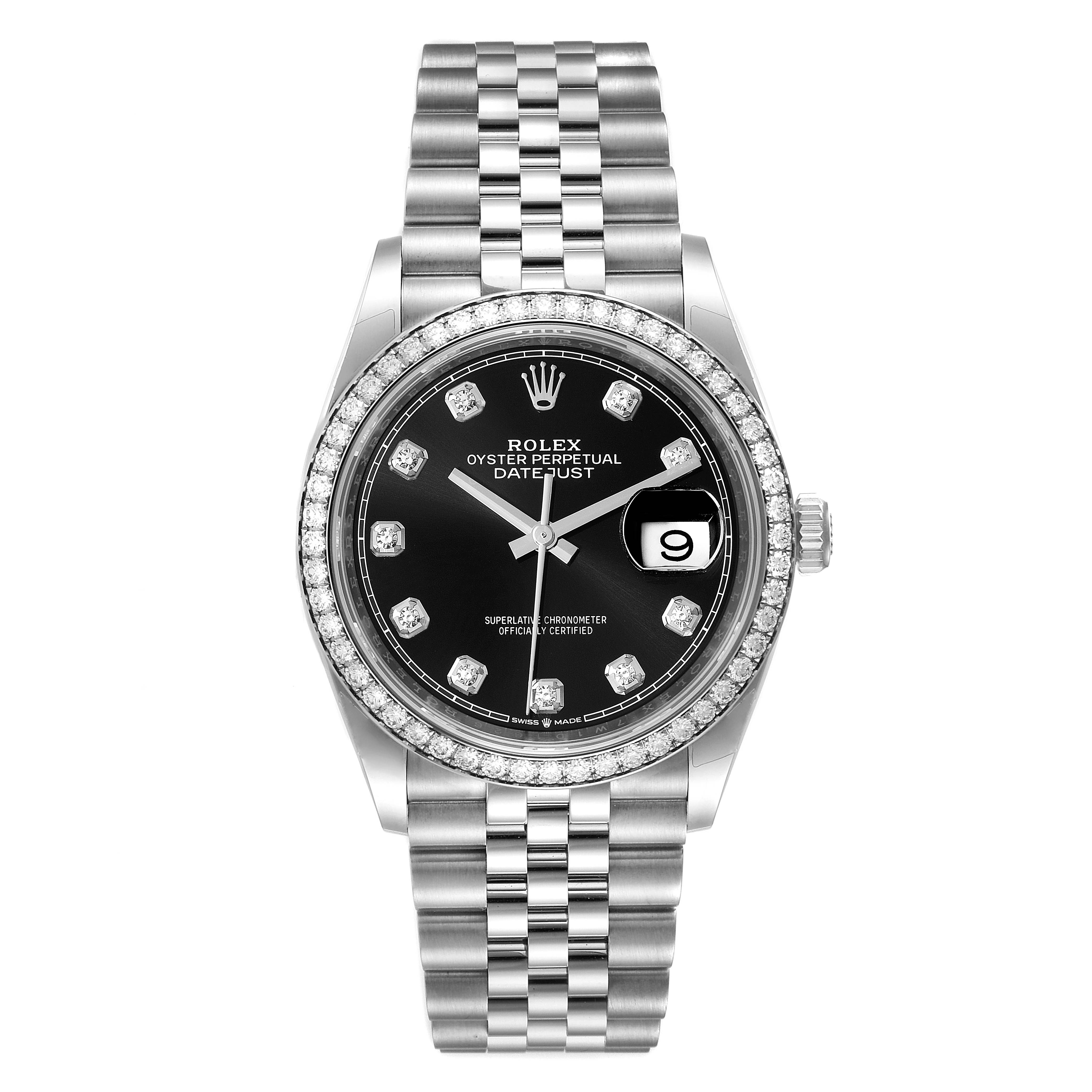 The image shows a front view of a Rolex Datejust 126284RBR Men
s Stainless Steel Black Dial 126284RBR Men
s Stainless Steel Black Dial watch, with its black dial, date function, and stainless steel Jubilee bracelet visible.