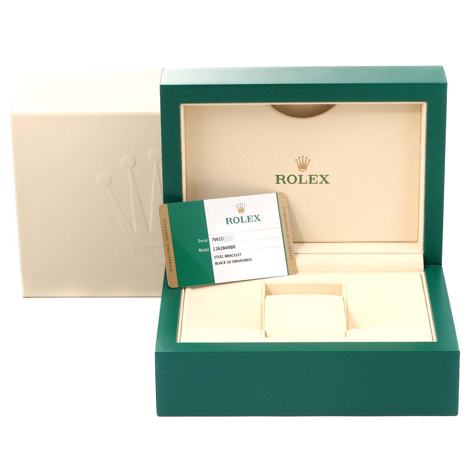 The image shows a green Rolex Datejust 126284RBR Men
s Stainless Steel Black Dial 126284RBR Men
s Stainless Steel Black Dial watch box and warranty card from a frontal angle.
