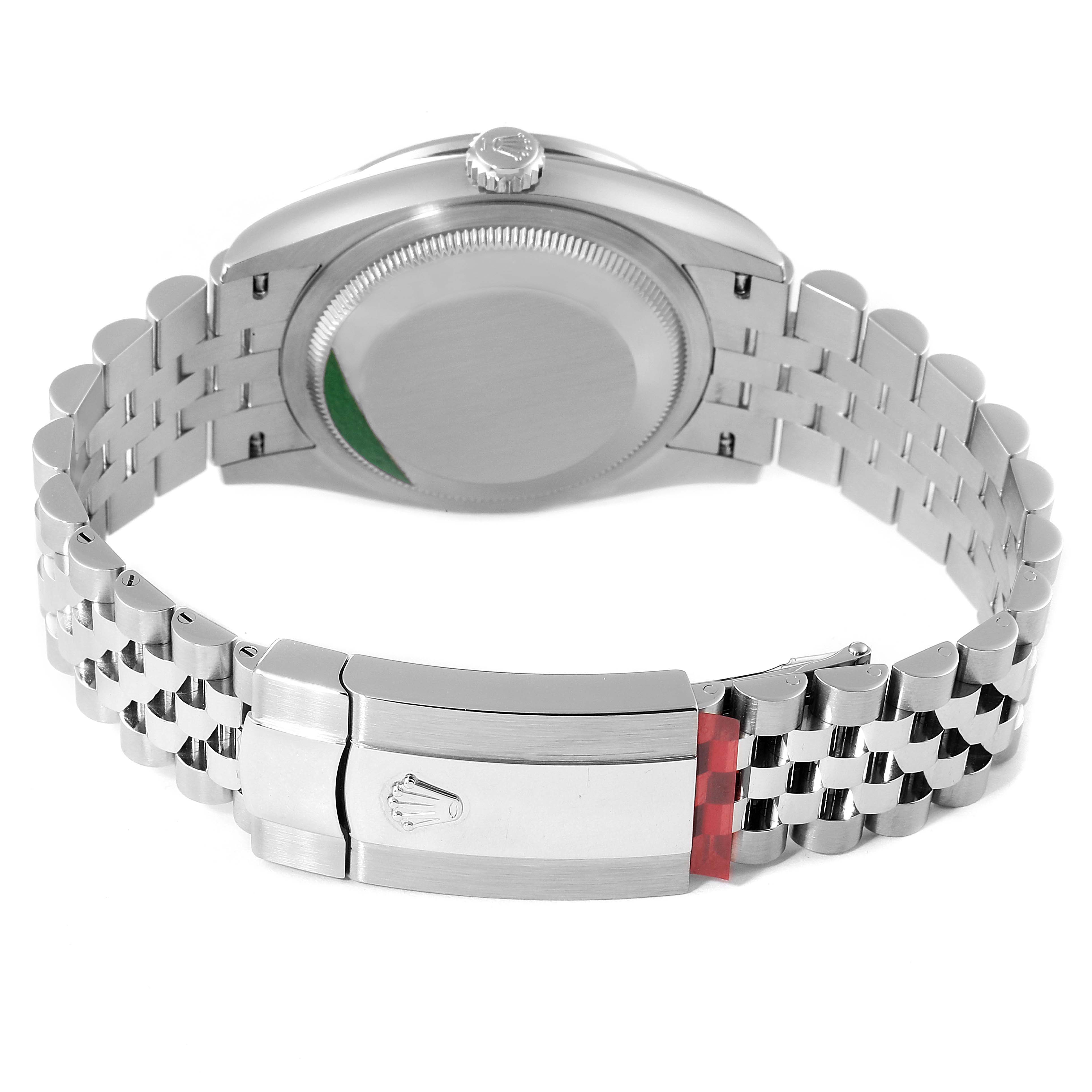 This image shows the back case and bracelet of a Rolex Datejust 126284RBR Men
s Stainless Steel Black Dial 126284RBR Men
s Stainless Steel Black Dial watch at a slightly tilted rear angle.