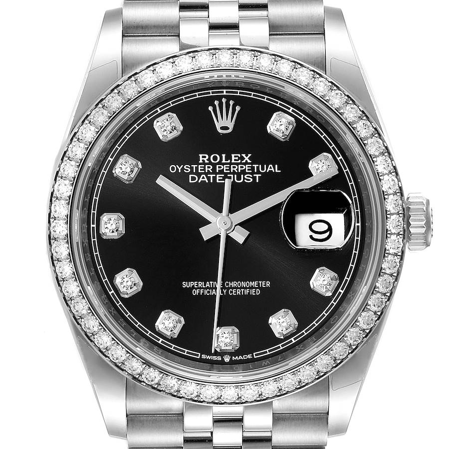 Rolex Datejust Steel Black Diamond Dial Bezel Mens Watch 126284 Box Card SwissWatchExpo