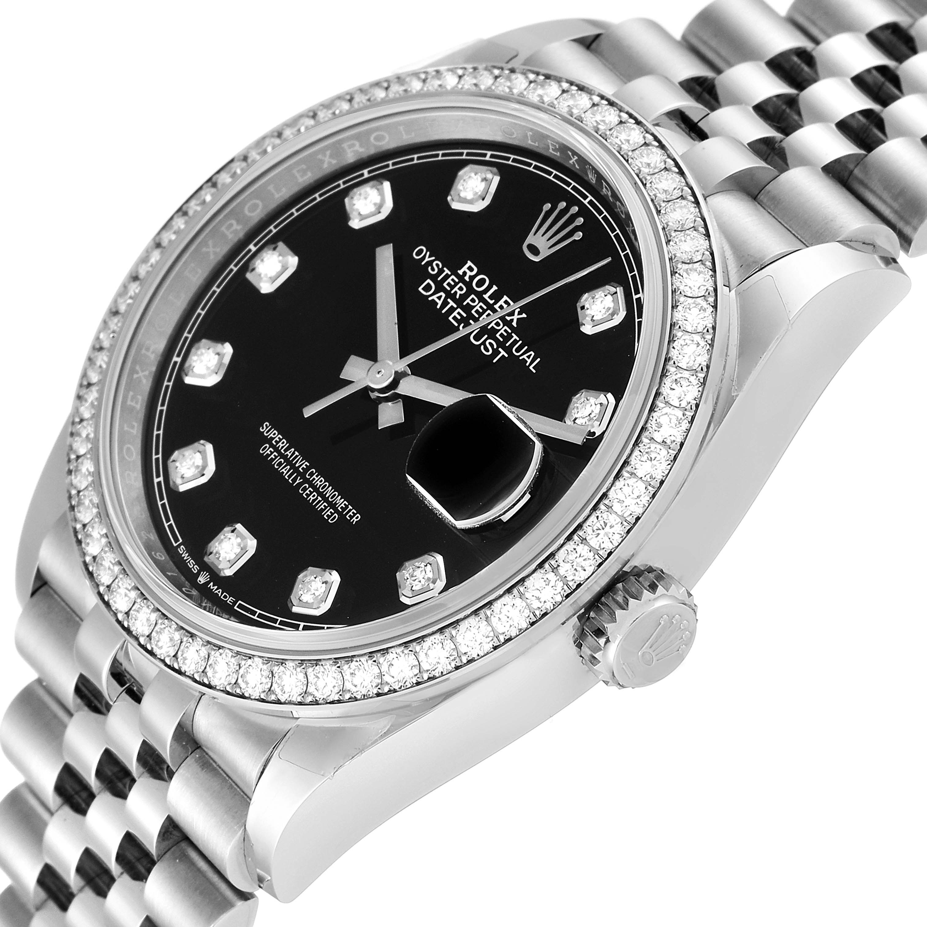 The image shows a Rolex Datejust 126284RBR Men
s Stainless Steel Black Dial 126284RBR Men
s Stainless Steel Black Dial watch at an oblique angle, highlighting the dial, bezel, crown, and part of the bracelet.