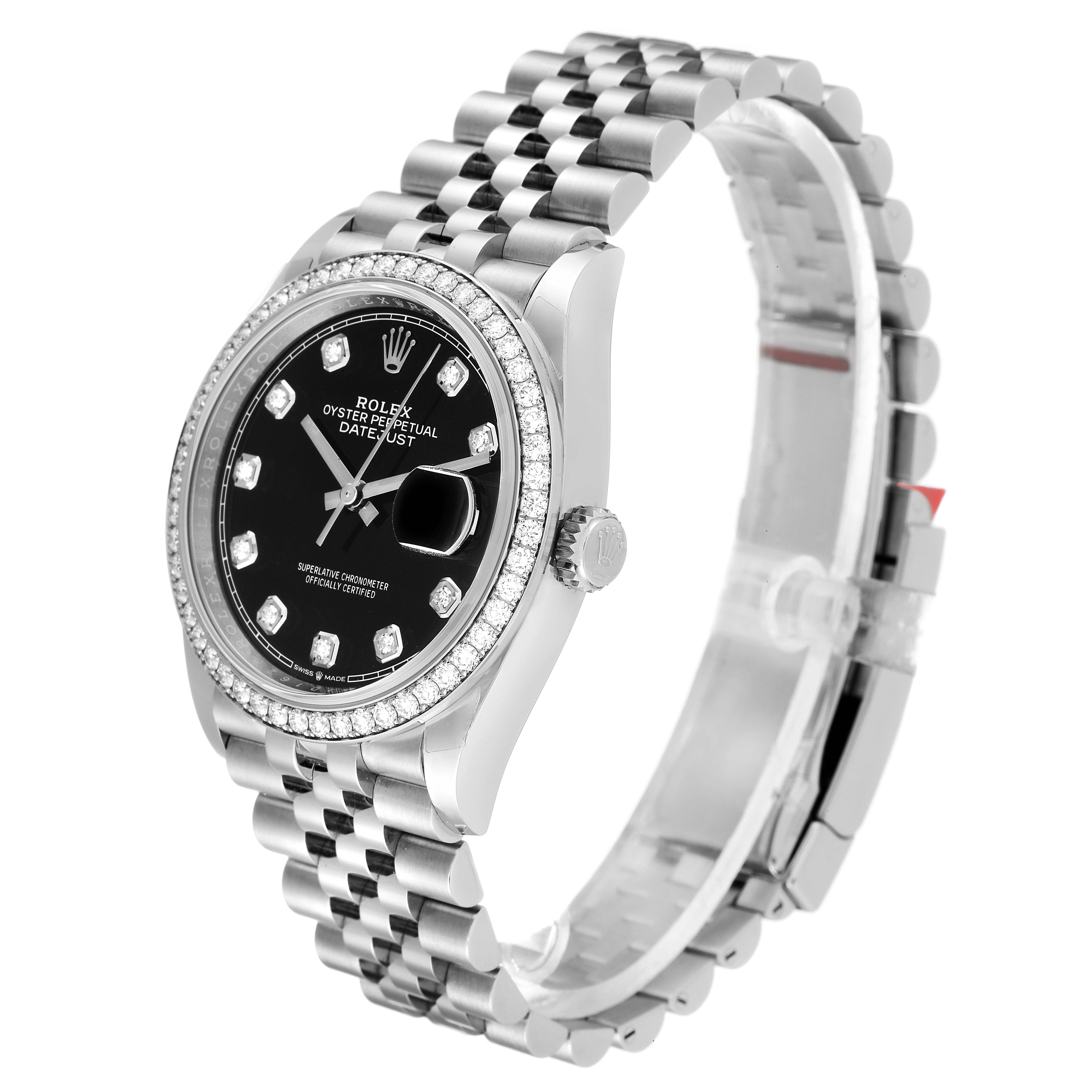 The image shows a Rolex Datejust 126284RBR Men
s Stainless Steel Black Dial 126284RBR Men
s Stainless Steel Black Dial watch at a slight angle, highlighting the face, bezel, crown, and bracelet.