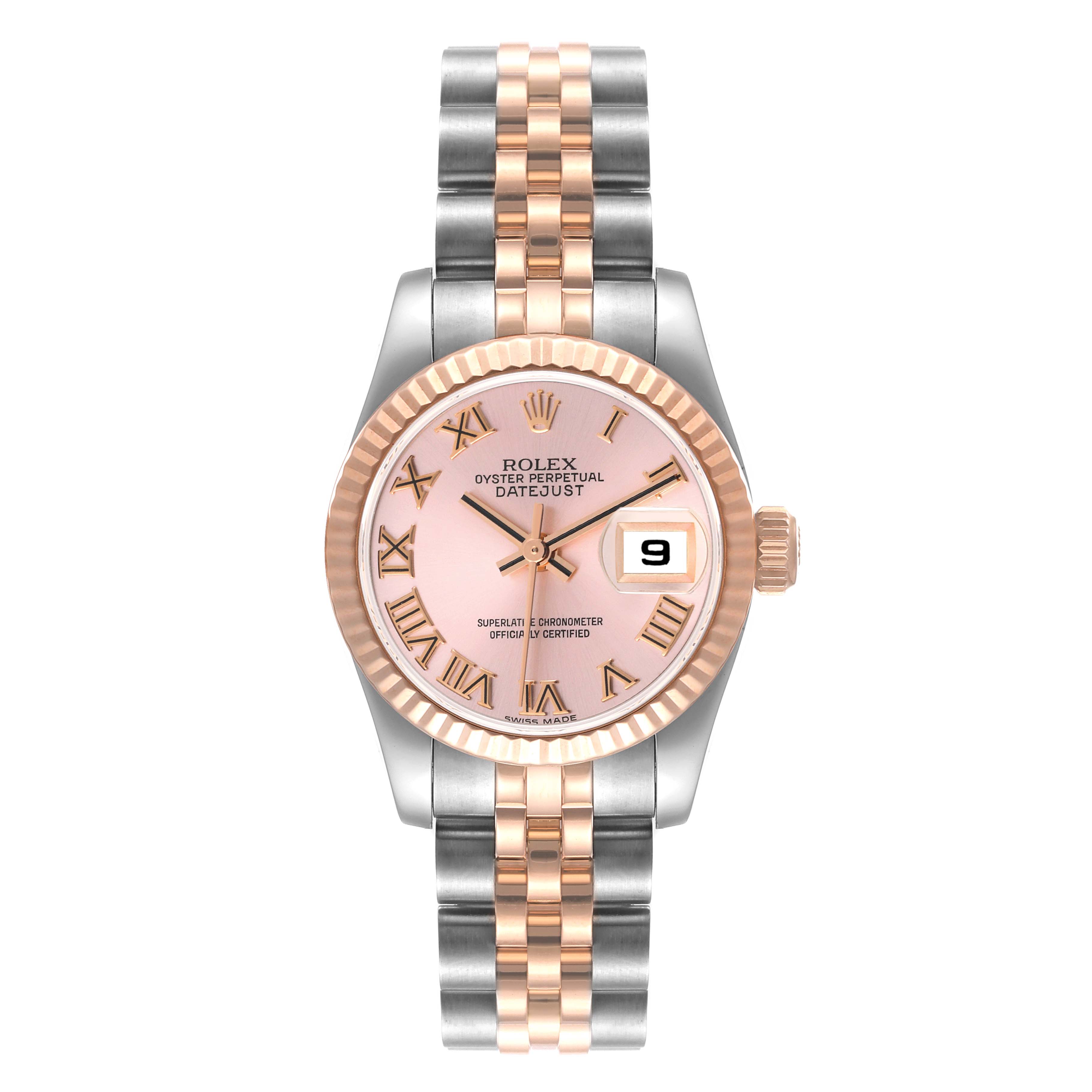 This image shows a front-facing view of the Rolex Datejust 179171 Women's Steel and Gold (two tone) Pink Dial 179171 Women's Steel and Gold (two tone) Pink Dial watch, showcasing its pink dial, two-tone bracelet, and fluted bezel.