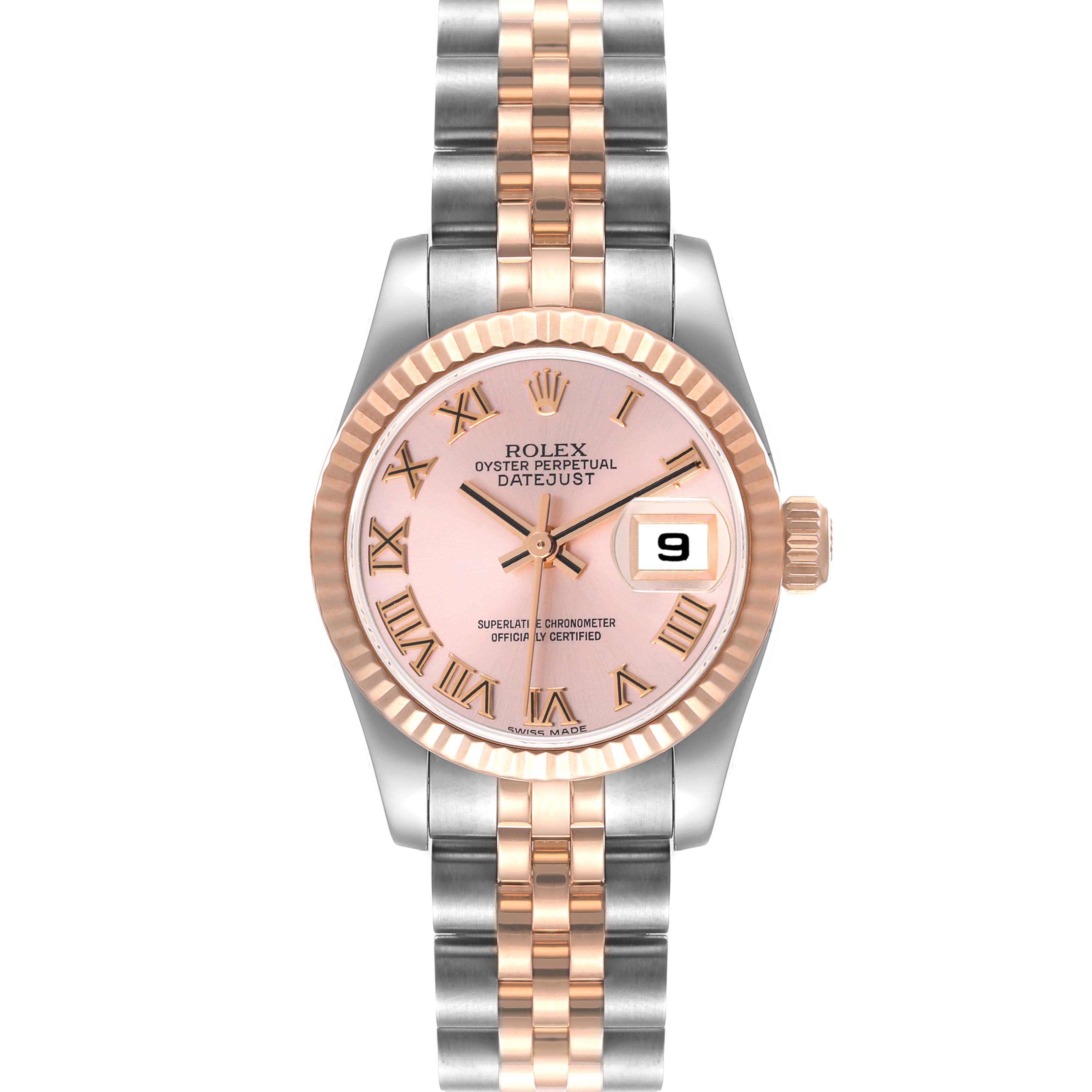 This image shows a front view of a Rolex Datejust 179171 Women's Steel and Gold (two tone) Pink Dial 179171 Women's Steel and Gold (two tone) Pink Dial watch featuring a two-tone band and a pink dial with Roman numerals.