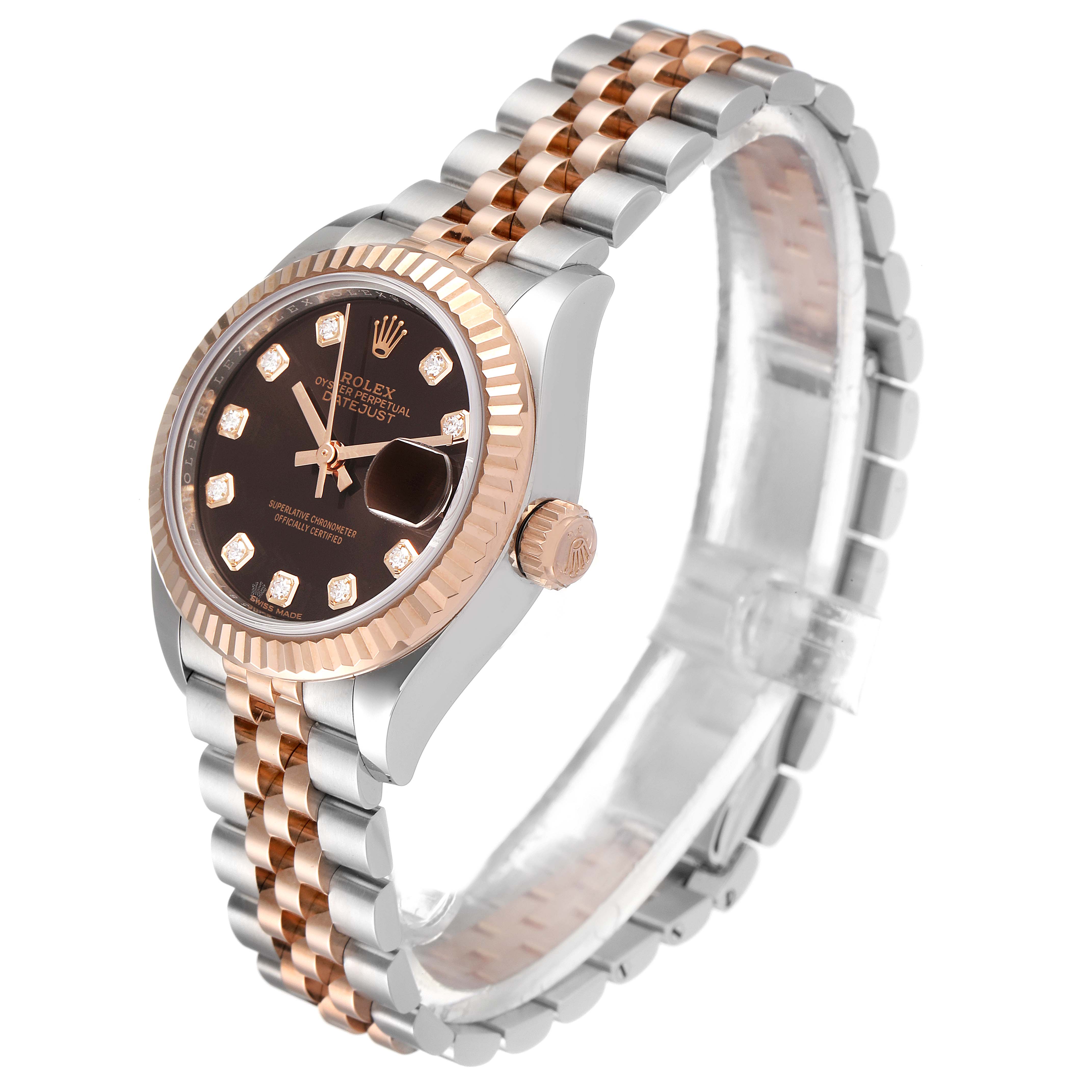 The image shows the Rolex Datejust 279171 Women's Steel and Gold (two tone) Brown Dial 279171 Women's Steel and Gold (two tone) Brown Dial watch at a three-quarter angle, highlighting the face, bezel, and bracelet.