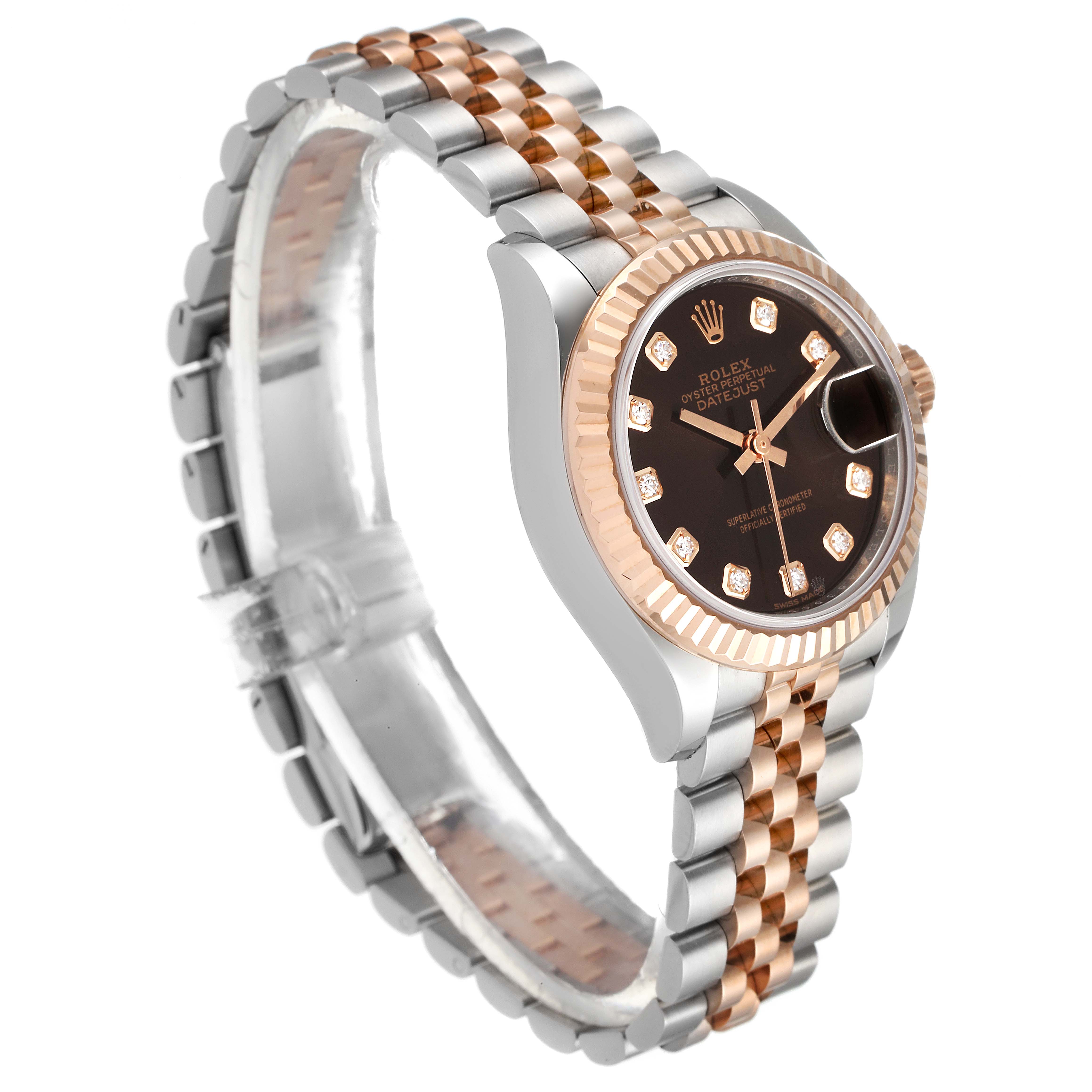 This Rolex Datejust 279171 Women's Steel and Gold (two tone) Brown Dial 279171 Women's Steel and Gold (two tone) Brown Dial watch is shown from an angled side view, highlighting its dial, bezel, and two-tone bracelet.