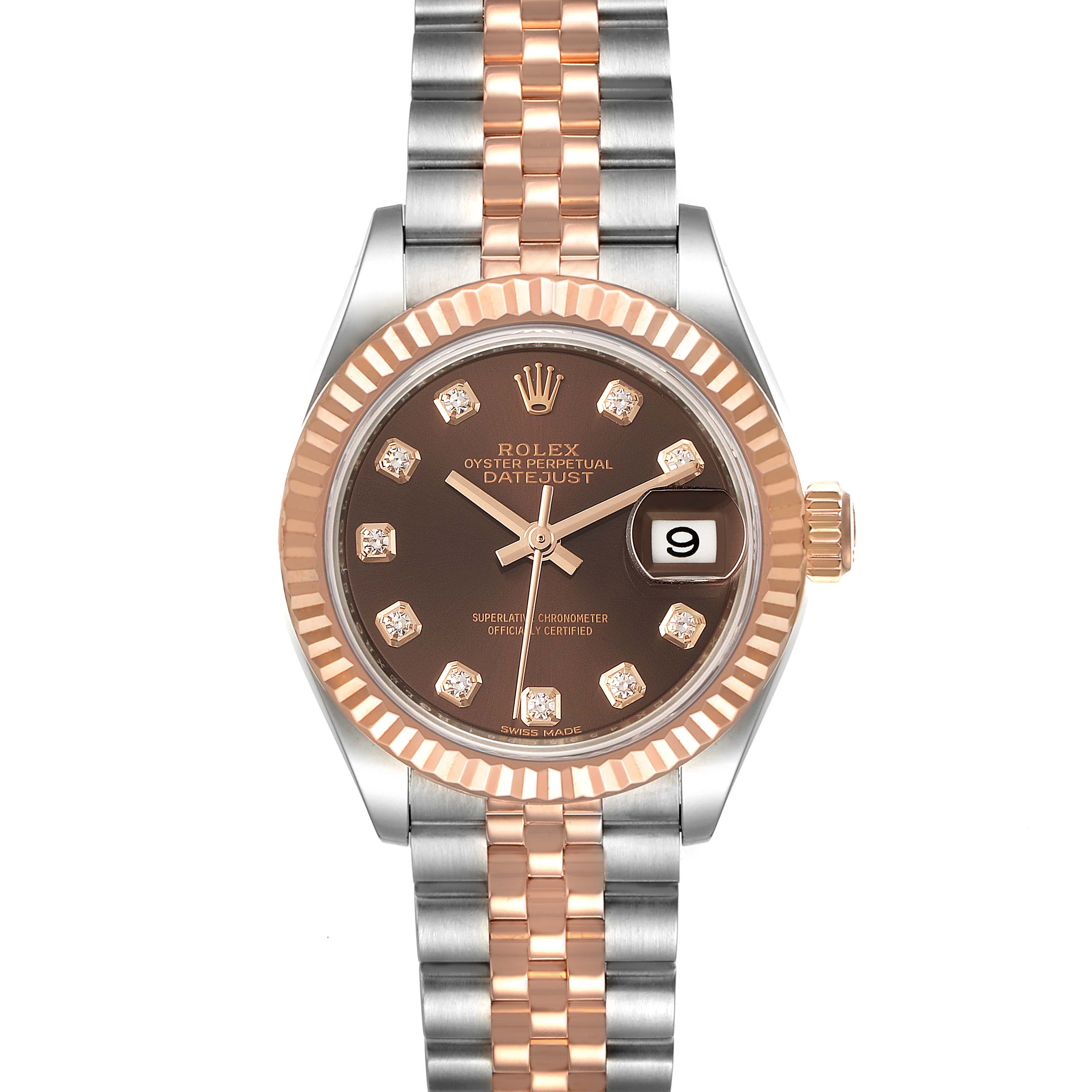 The image shows a front view of a Rolex Datejust 279171 Women's Steel and Gold (two tone) Brown Dial 279171 Women's Steel and Gold (two tone) Brown Dial watch, highlighting its dial, case, bezel, and bracelet.