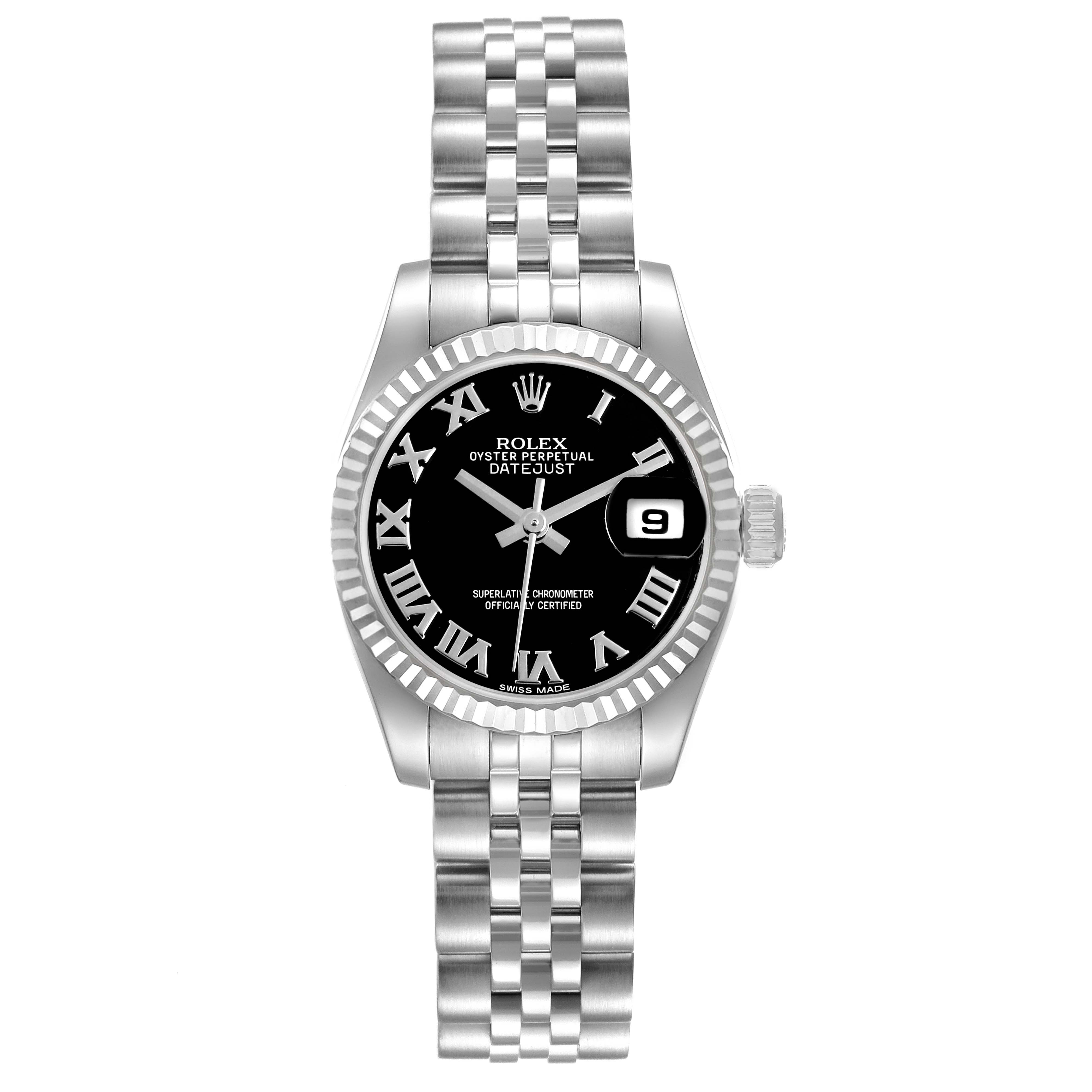 The Rolex Datejust 179174 Women's Stainless Steel Black Dial watch is shown from a front angle, highlighting the dial, bezel, and bracelet.