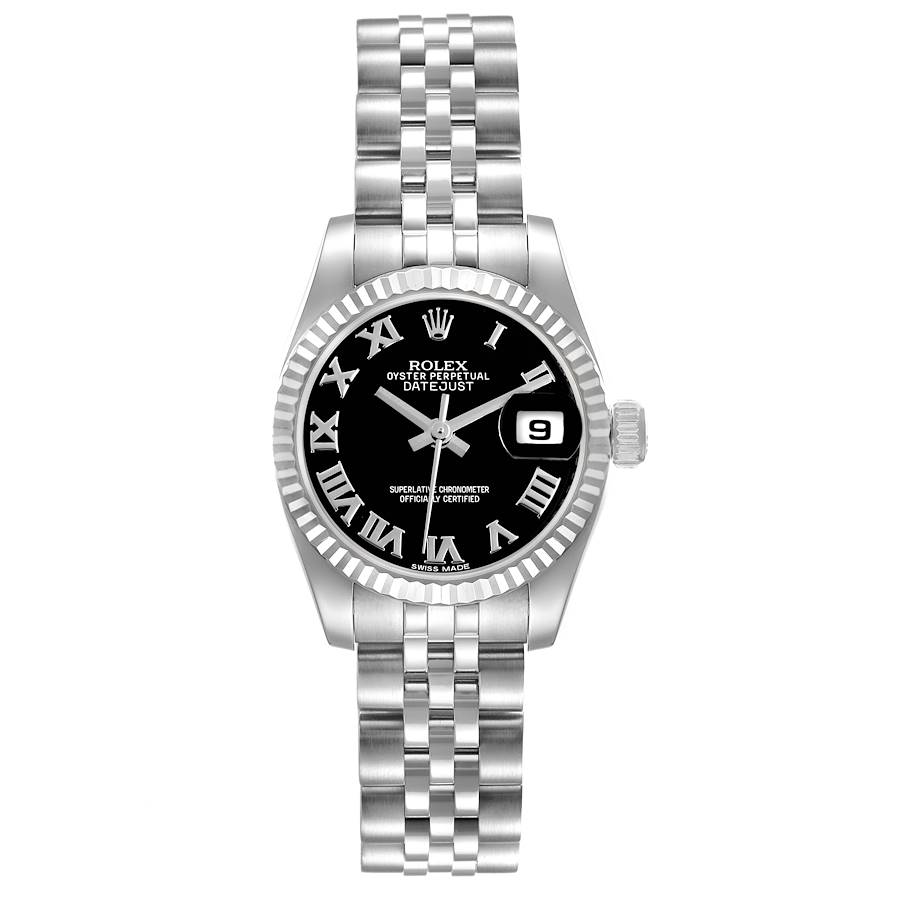 The Rolex Datejust 179174 Women's Stainless Steel Black Dial watch is shown from a front angle, highlighting the dial, bezel, and bracelet.