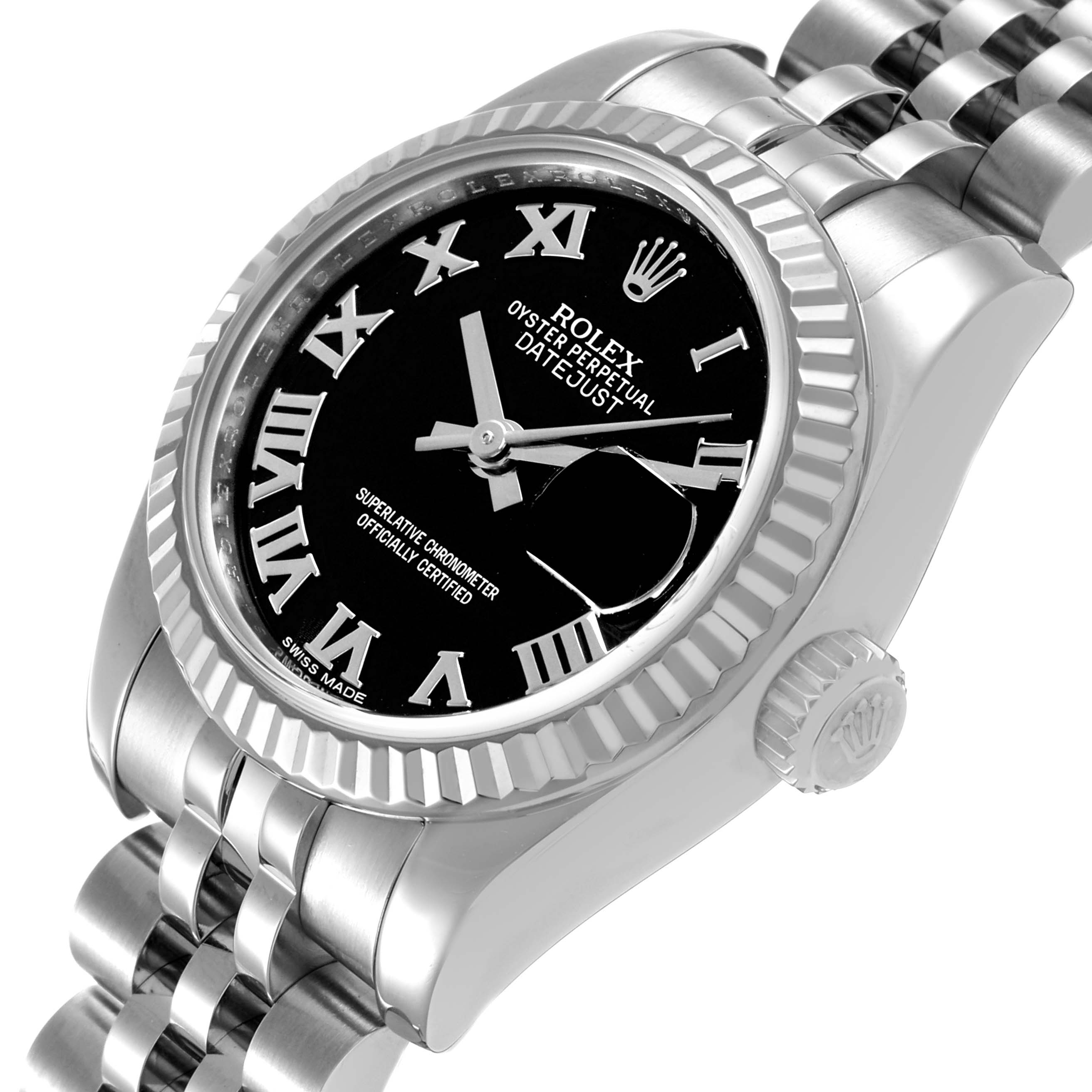 The Rolex Datejust 179174 Women's Stainless Steel Black Dial watch is shown at an angled view, highlighting the black dial, fluted bezel, crown, and part of the bracelet.