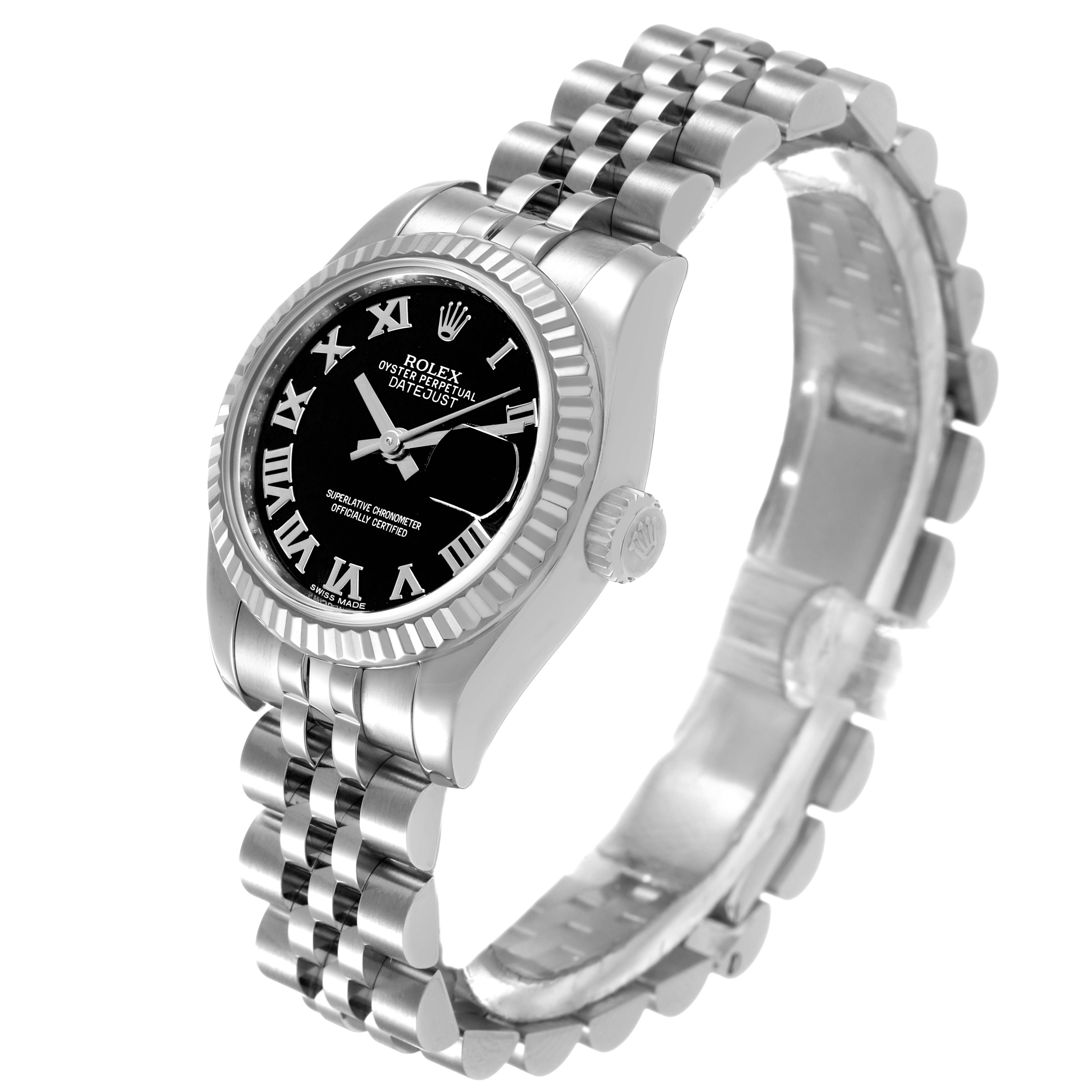 The Rolex Datejust 179174 Women's Stainless Steel Black Dial watch is shown at a three-quarter angle displaying the dial, bezel, and bracelet.