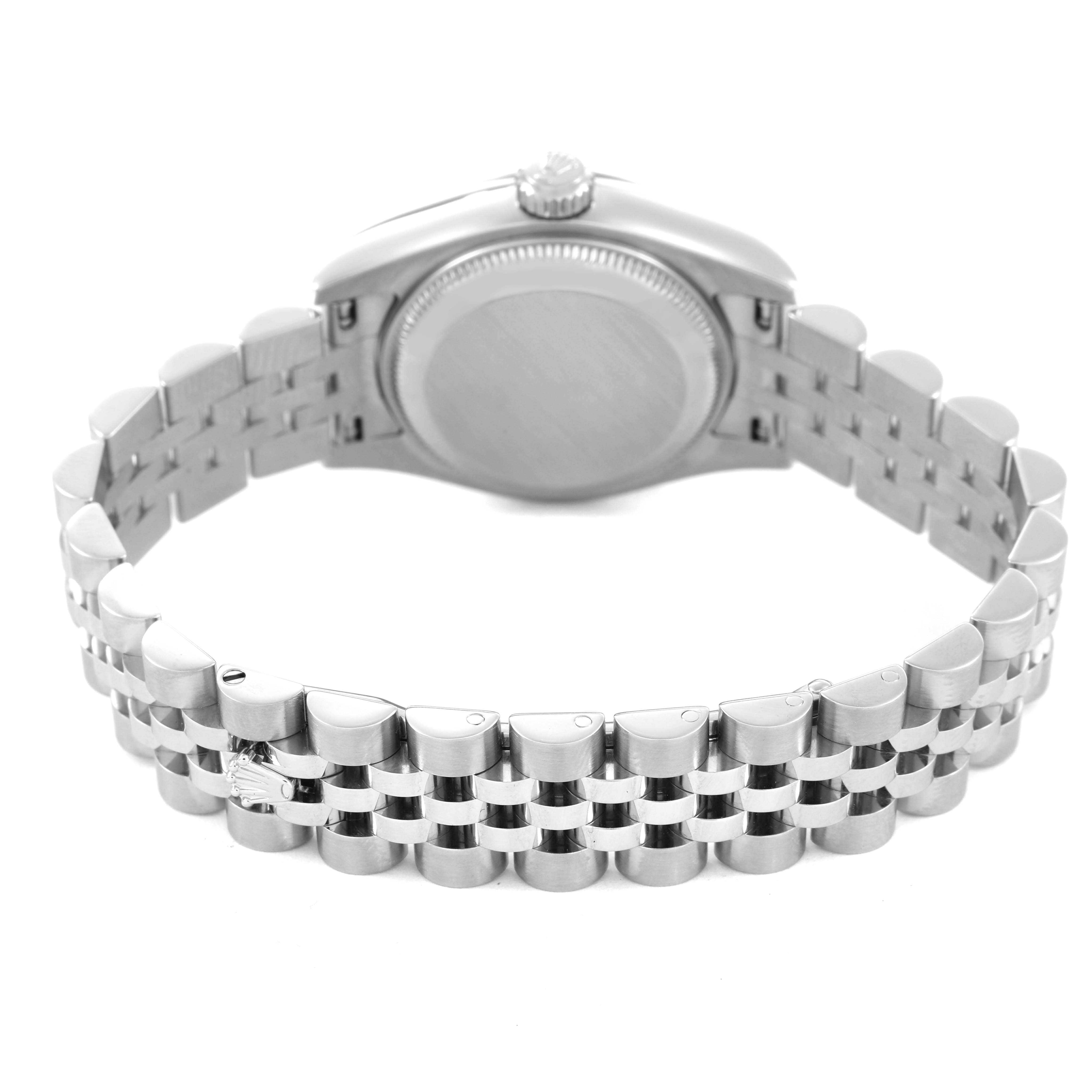 The image shows the back view of a Rolex Datejust 179174 Women's Stainless Steel Black Dial, featuring the case back and Jubilee bracelet.