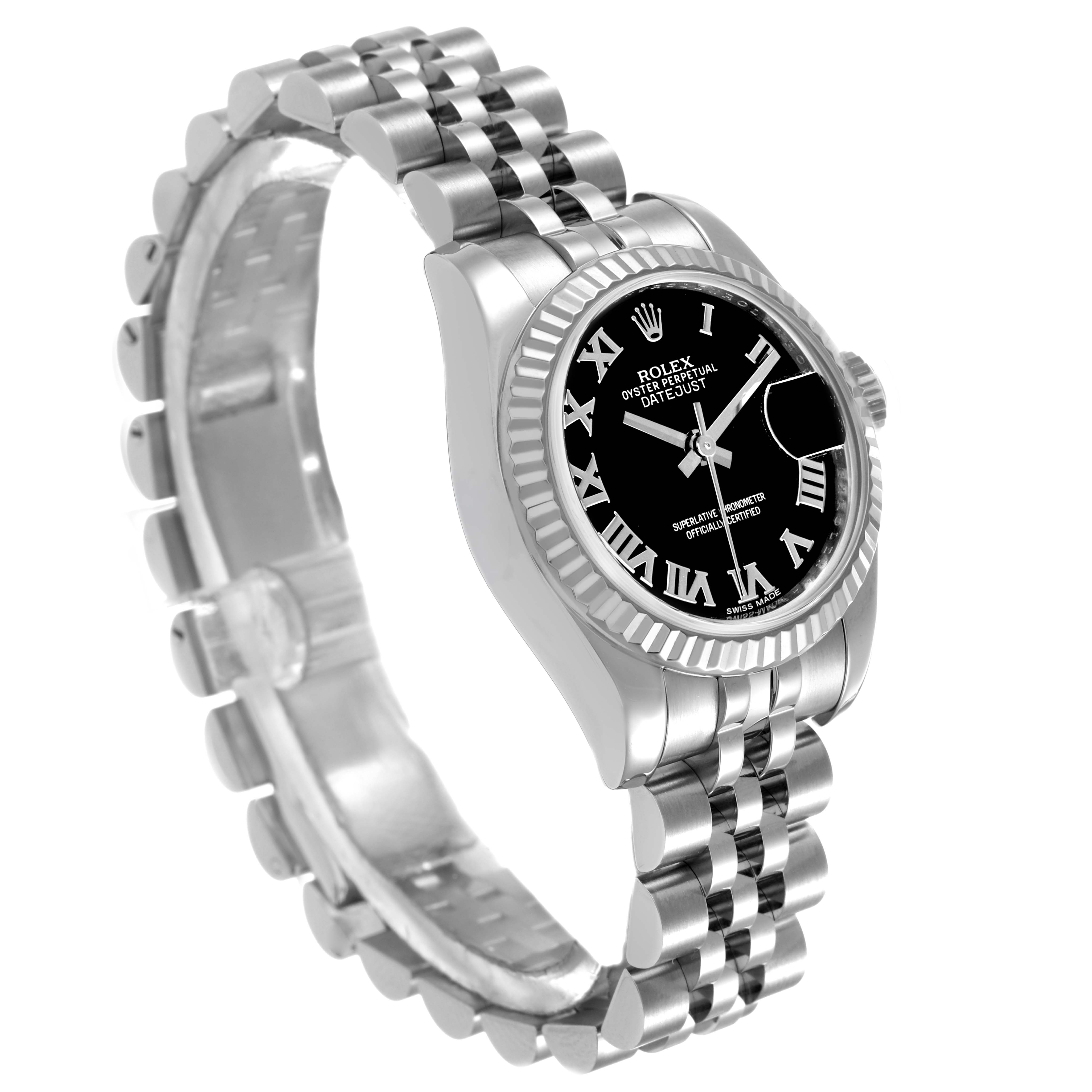 The image shows a side and front view of a Rolex Datejust 179174 Women's Stainless Steel Black Dial watch, highlighting the bezel, case, dial, and Jubilee bracelet.