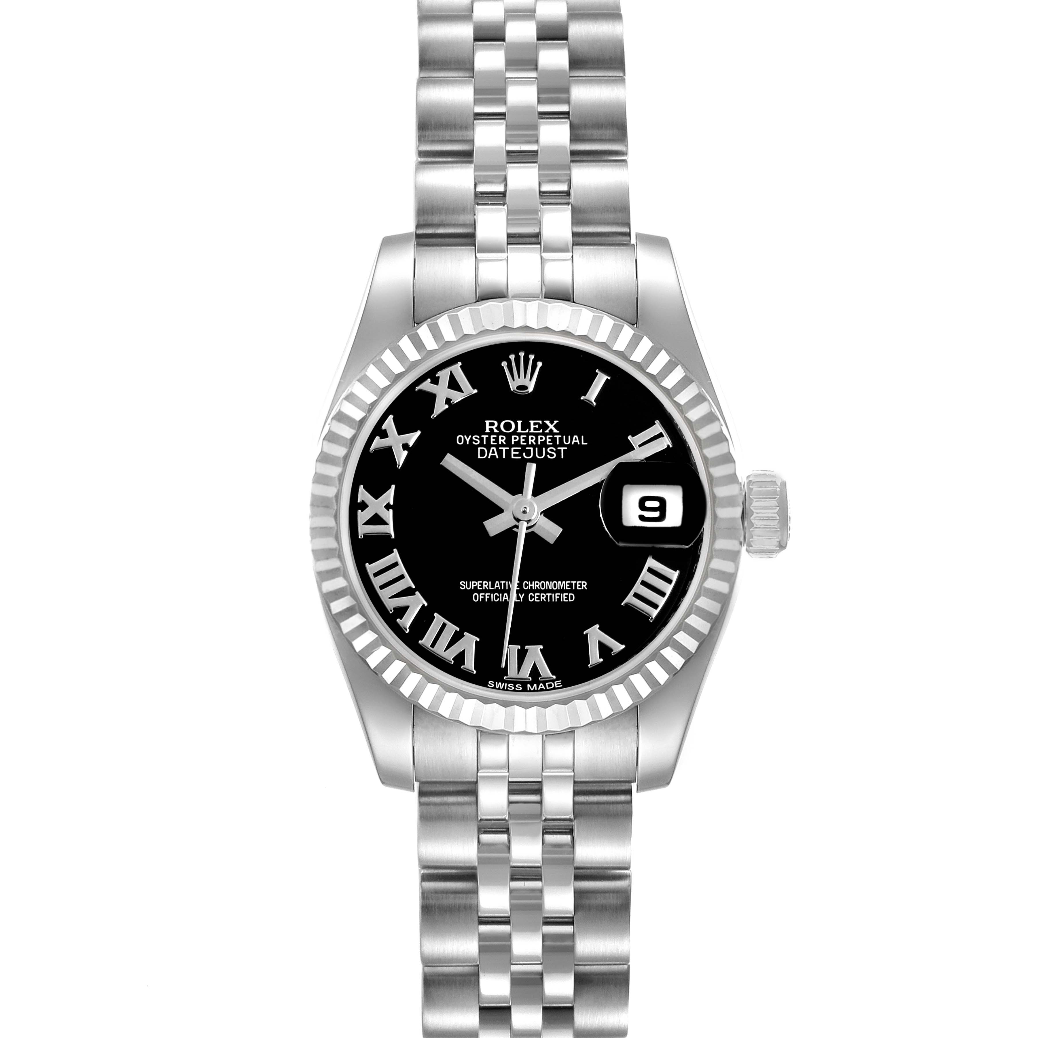 The Rolex Datejust 179174 Women's Stainless Steel Black Dial watch is shown from the front, highlighting the dial, bezel, bracelet, and date window.